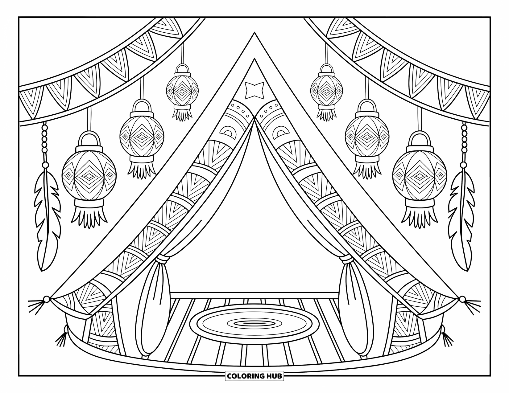 Desenho de hippie para colorir para adultos: Dentro de uma tenda aconchegante, lanternas e tapeçarias criam uma fuga boho calma