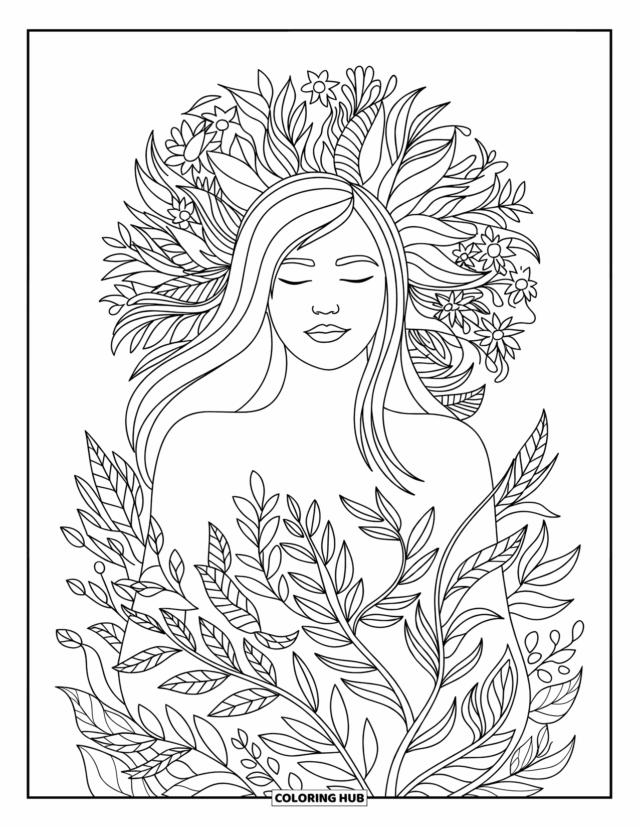 Desenho de hippie para colorir para adultos: Cabelos longos fluem em padrões florais cercando uma mulher calma e pacífica