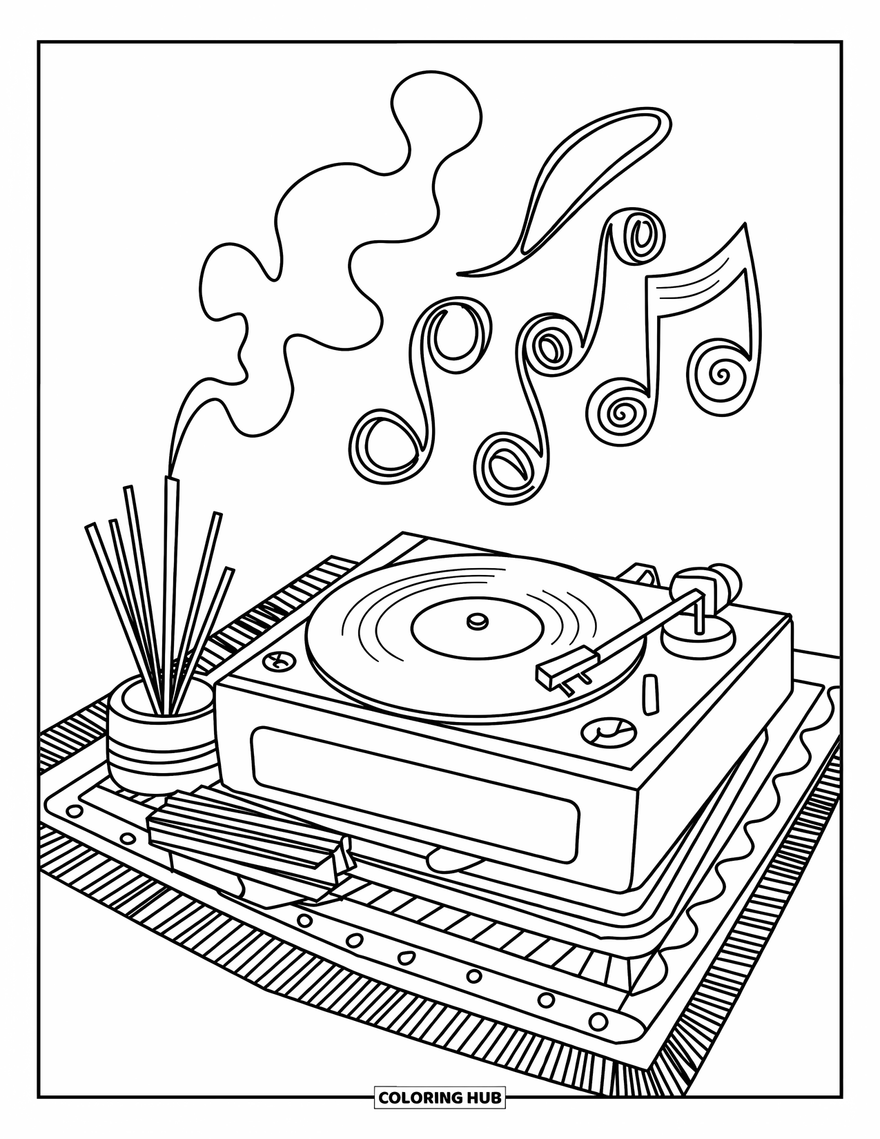 Desenho de hippie para colorir para adultos: A música flui ao redor de um toca-discos detalhado com incenso e desenhos geométricos de tapetes