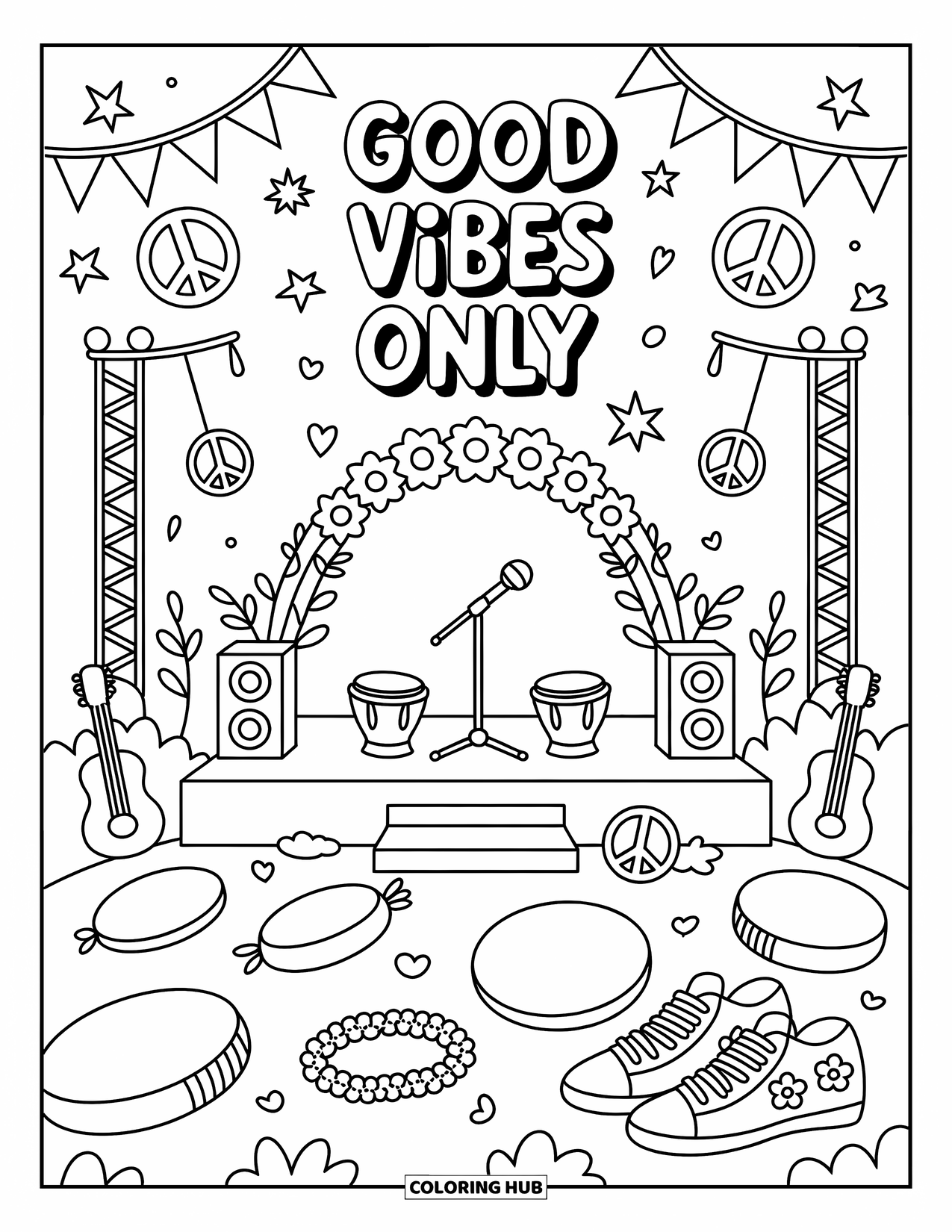 Desenho de hippie para colorir para adultos: Bandeiras da paz e almofadas de chão aconchegantes cercam um palco divertido com música e boas vibrações