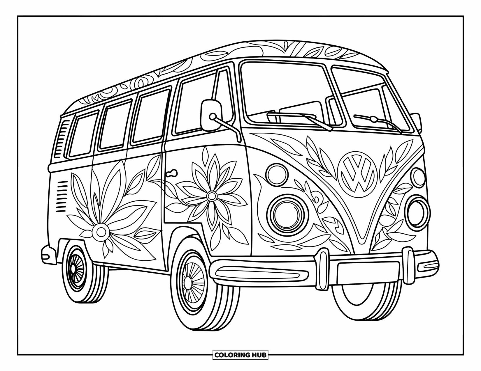 Desenho de hippie para colorir para adultos: Flores psicodélicas cobrem uma Kombi VW, do teto rodopiante aos pneus detalhados
