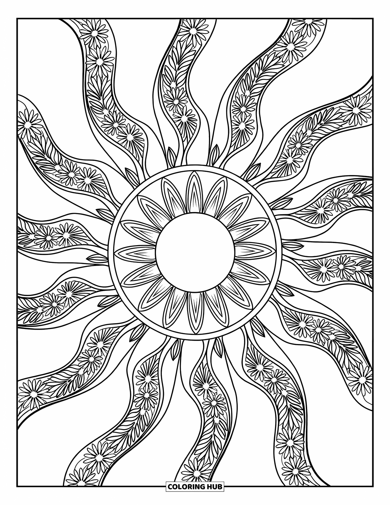 Desenho de hippie para colorir para adultos: Raios rodopiantes e detalhes florais irradiam de um sol deslumbrante em estilo mandala