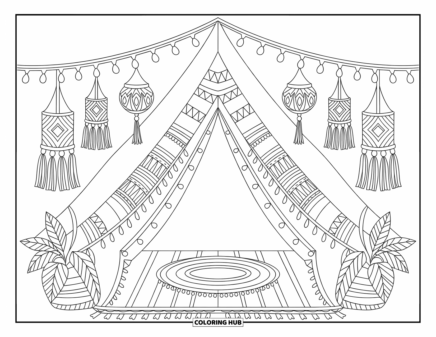 Desenho de hippie para colorir para adultos: Borlas, plantas e bordados criam uma vibração calorosa e pacífica dentro de uma tenda estampada