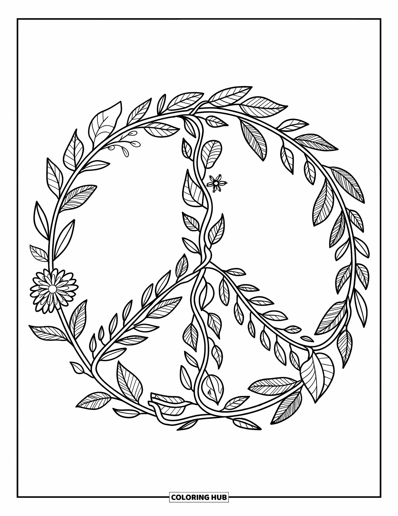 Desenho de hippie para colorir para adultos: Vinhas, folhas e penas giram em um símbolo pacífico com tema floral