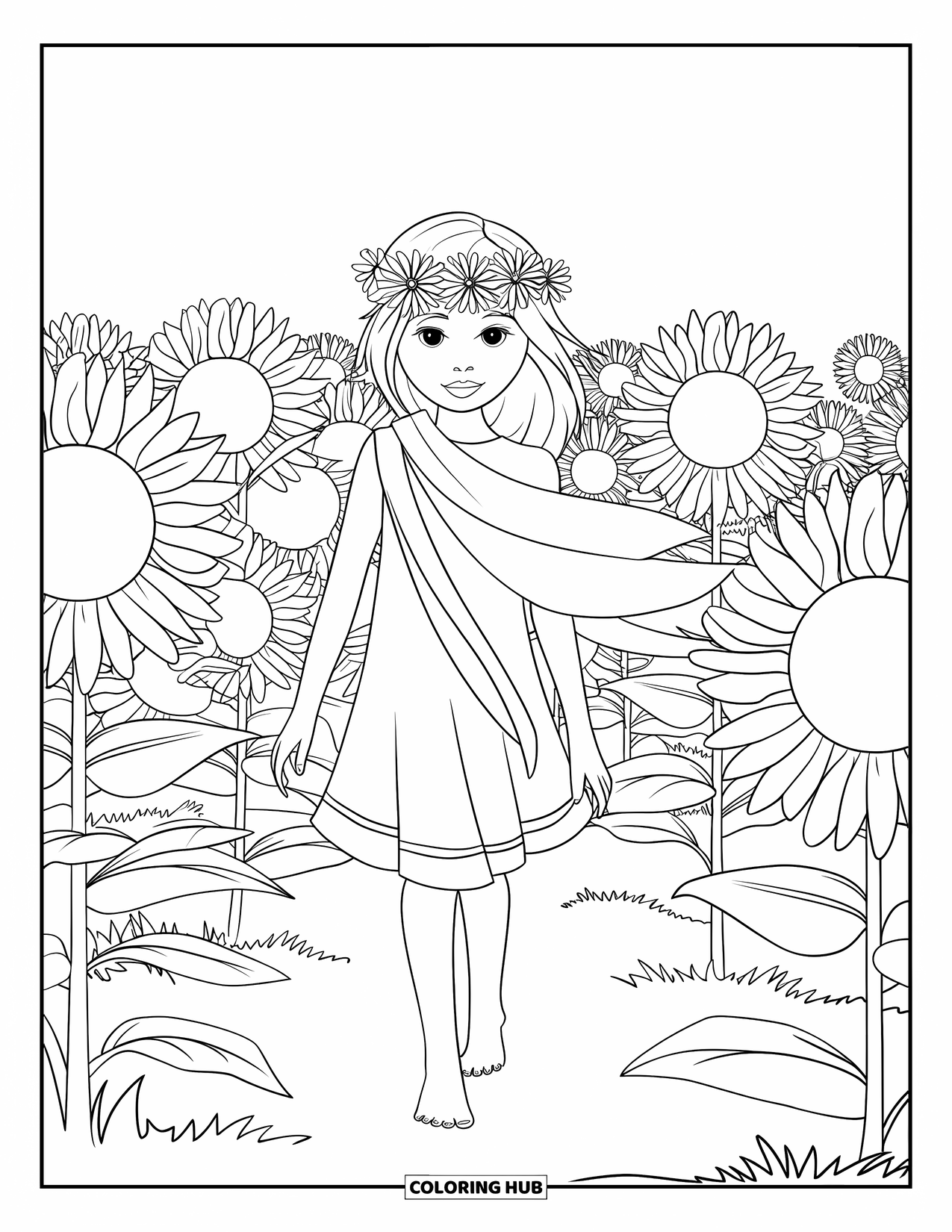 Desenho Hippie para Colorir para Crianças: Uma garota descalça passeia por um campo ensolarado de girassóis altos