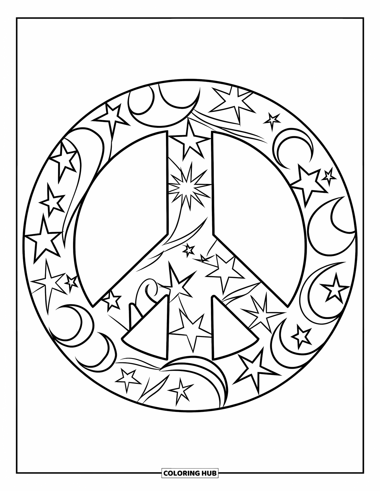 Desenho Hippie para Colorir para Crianças: Um grande símbolo da paz brilha com estrelas, luas e redemoinhos sonhadores