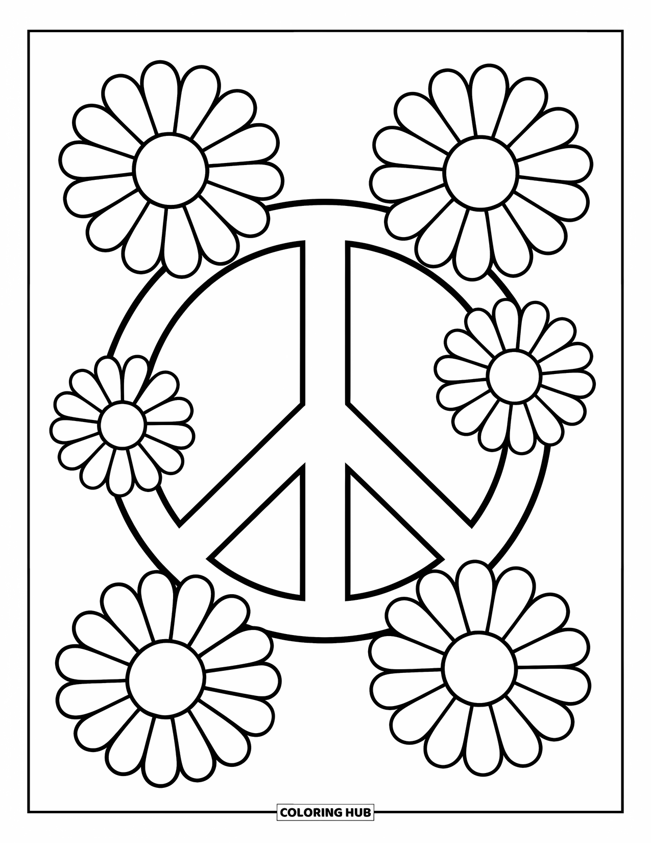 Desenho Hippie para Colorir para Crianças: Um grande símbolo da paz com margaridas ousadas cria uma cena alegre e amigável para crianças