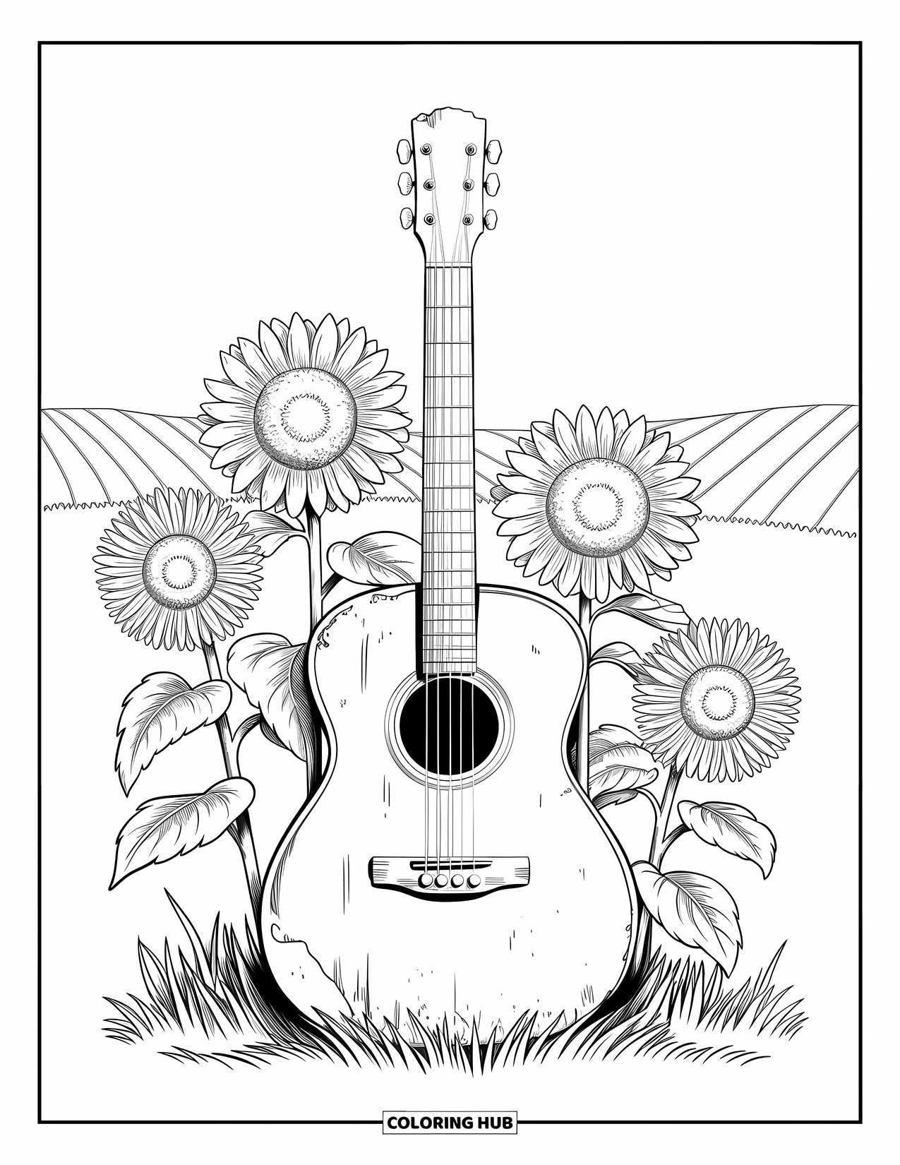 Desenho Hippie para Colorir para Crianças: Um violão boho se apoia em um campo de girassóis em uma paisagem ensolarada e tranquila