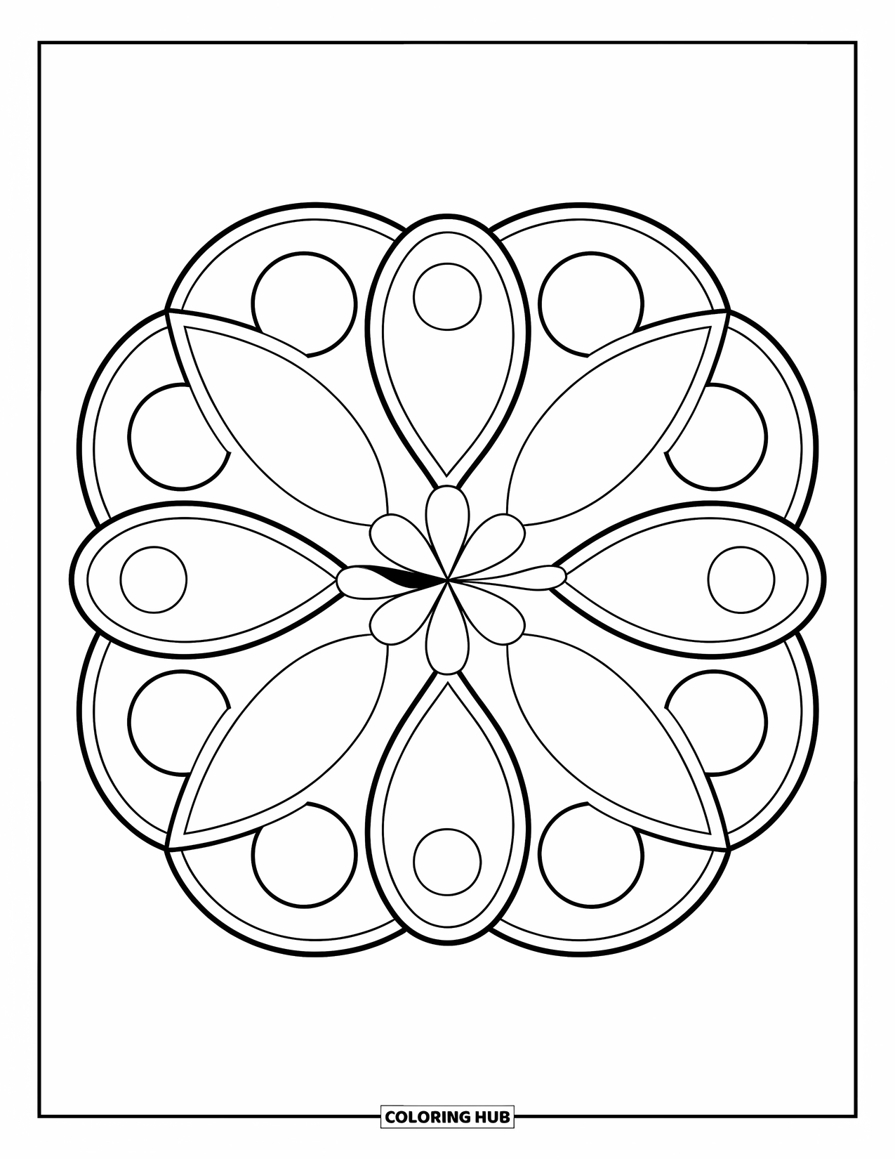 Desenho Hippie para Colorir para Crianças: Uma mandala ousada com quatro pétalas e círculos, ótima para pequenos artistas