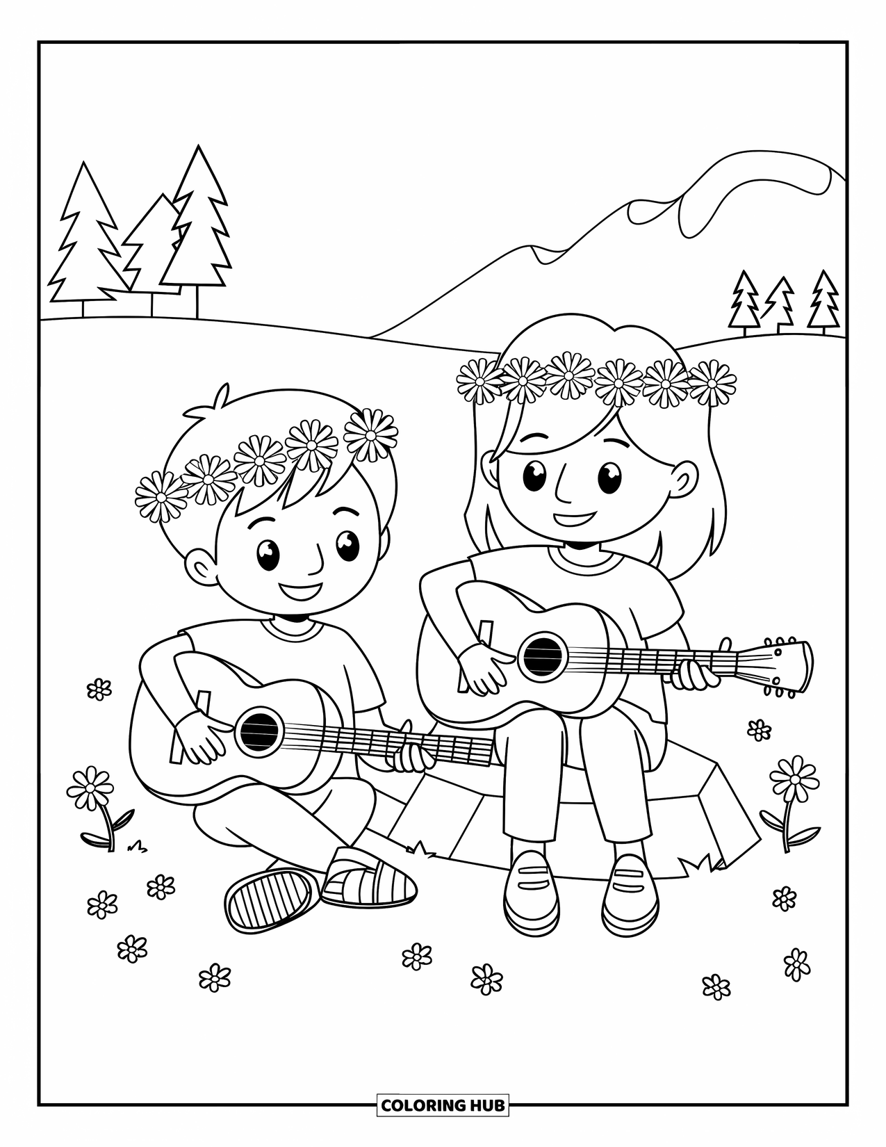 Desenho Hippie para Colorir para Crianças: Um menino e uma menina com coroas de flores tocam violão em um campo cheio de flores