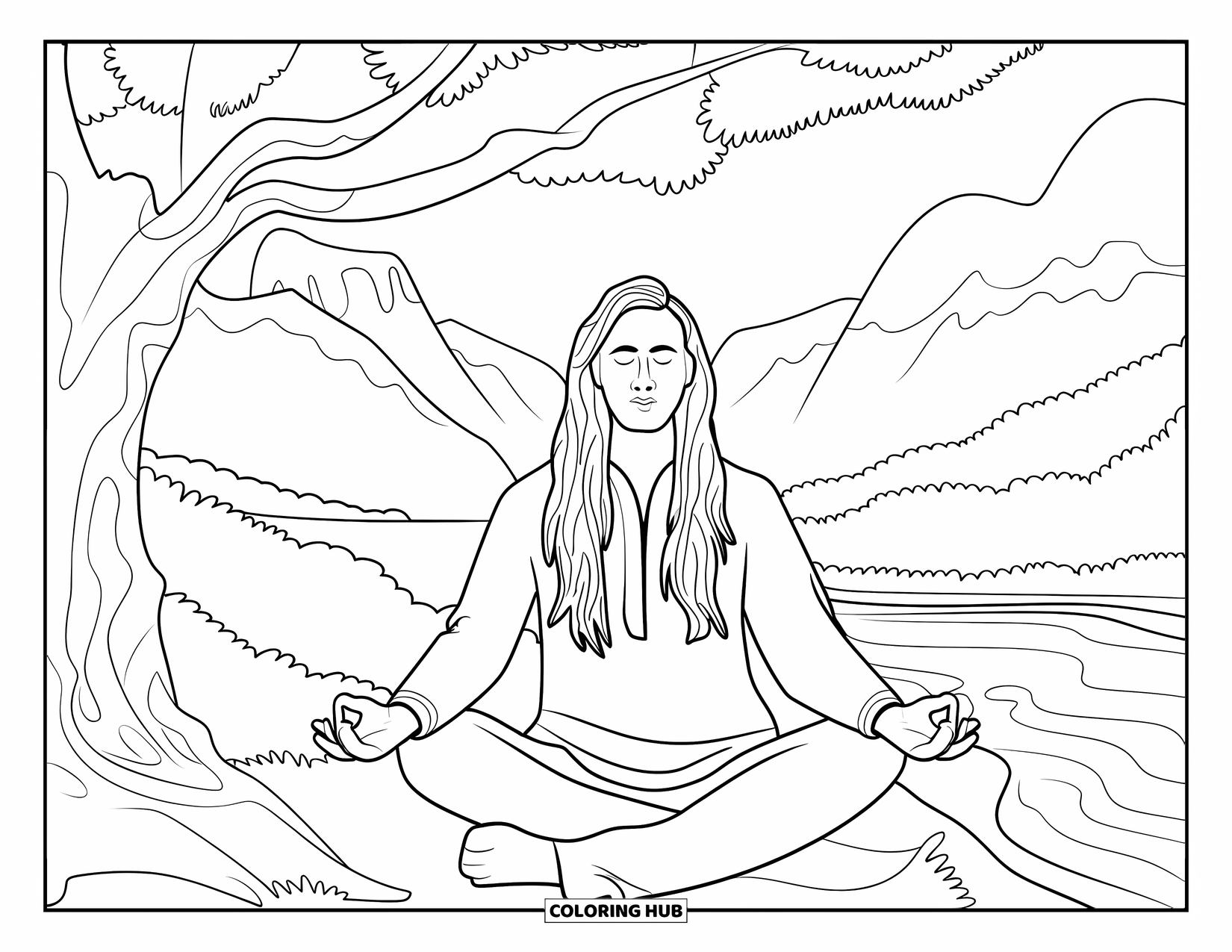 Desenho Hippie para Colorir para Crianças: Um hippie calmo senta-se sob uma grande árvore perto de um rio, cercado pela natureza e montanhas
