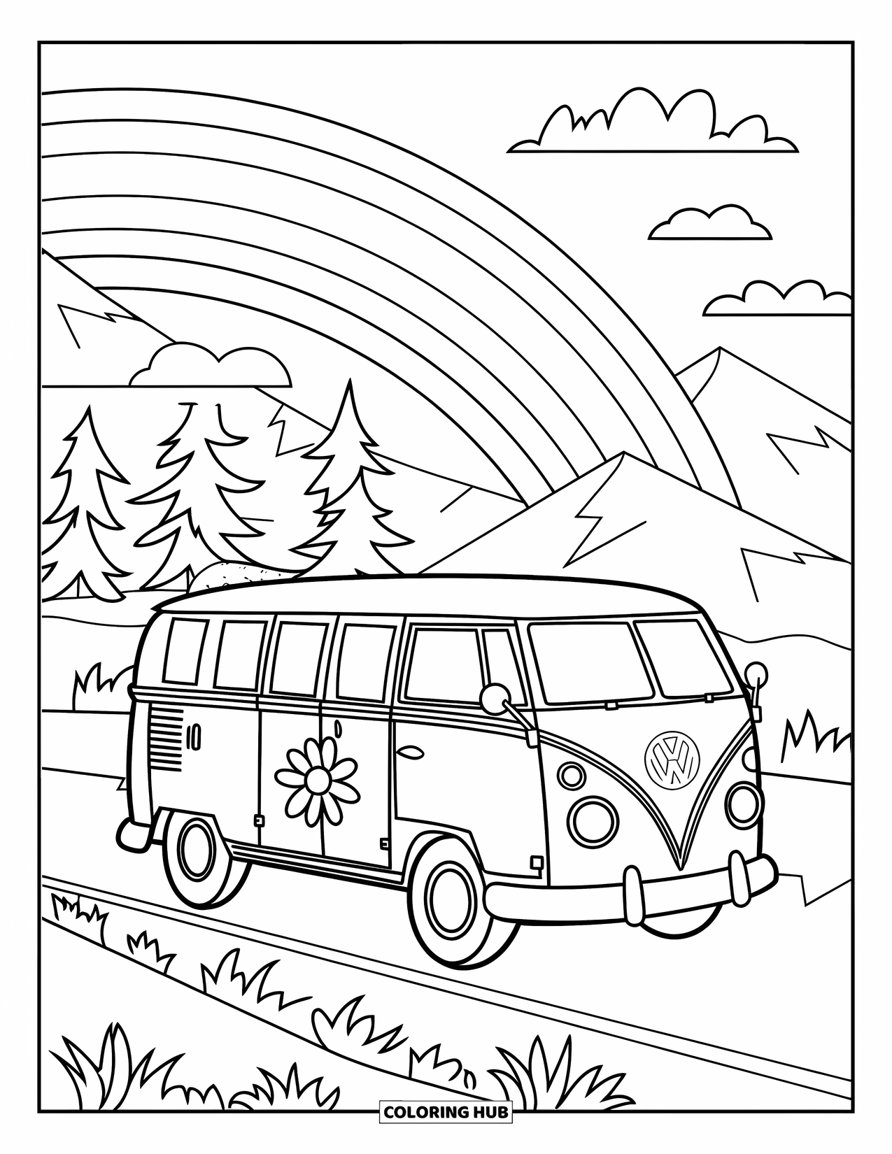 Desenho Hippie para Colorir para Crianças: Uma van VW alegre e cena de arco-íris com árvores e montanhas atrás