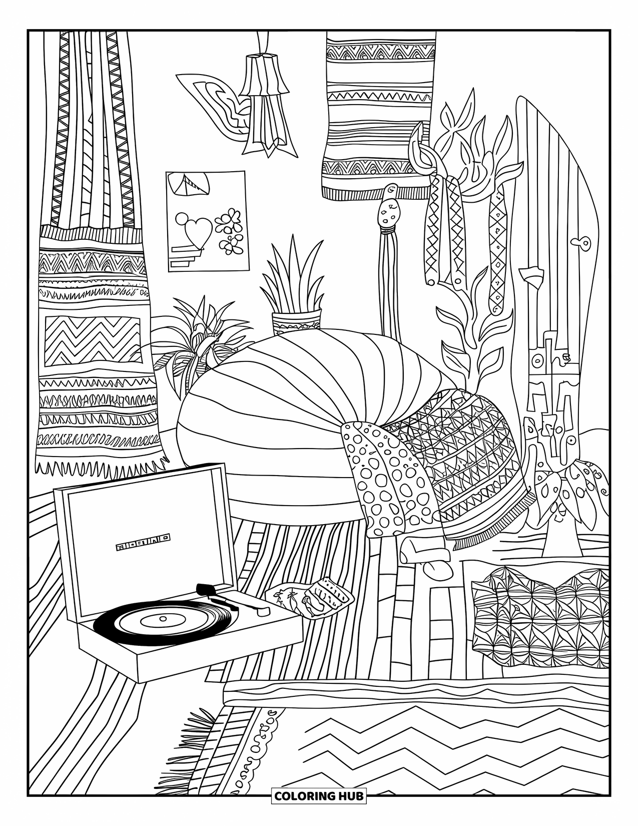 Desenho Hippie para Colorir para Crianças: Um quarto boho relaxante com padrões, plantas e um disco girando no toca-discos