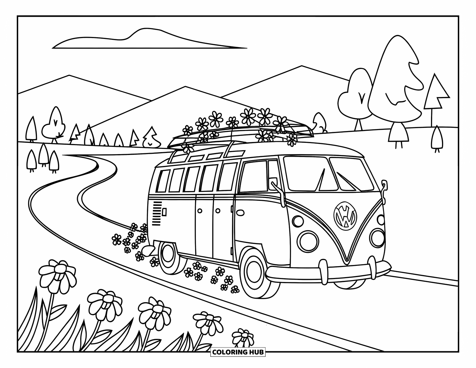 Desenho Hippie para Colorir para Crianças: Um ônibus VW colorido cruza uma estrada com flores flutuando atrás