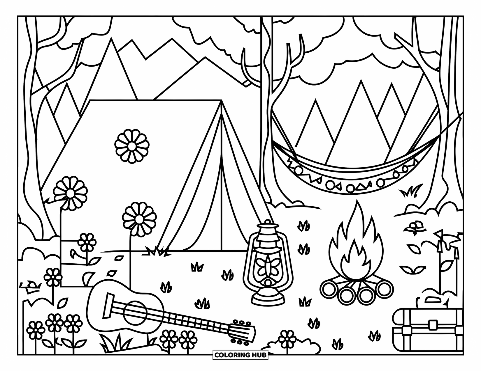 Desenho Hippie para Colorir para Crianças: Um acampamento detalhado apresenta uma barraca, tenda, rede, flores e vistas para a montanha