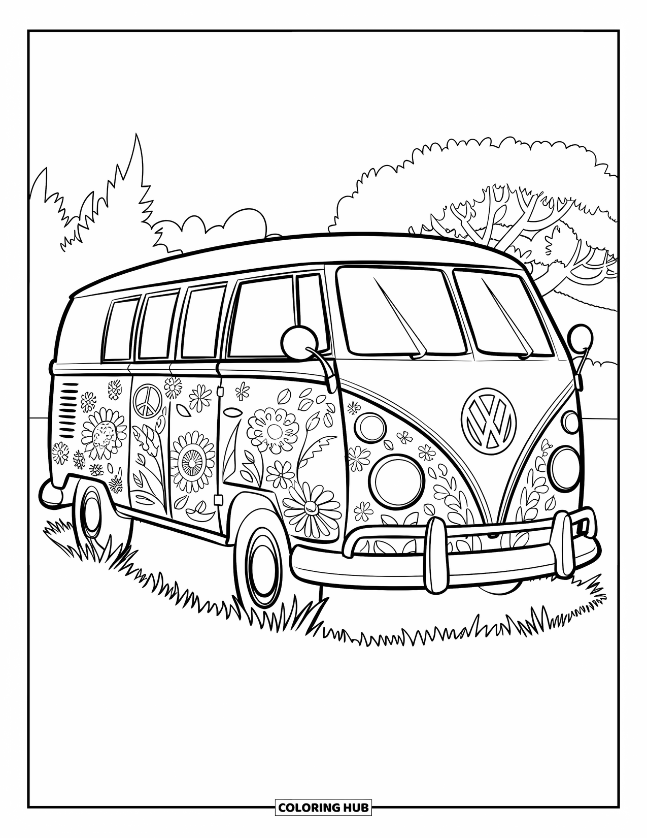 Desenho Hippie para Colorir para Crianças: Uma van VW coberta de flores fica em um campo gramado com árvores ao redor