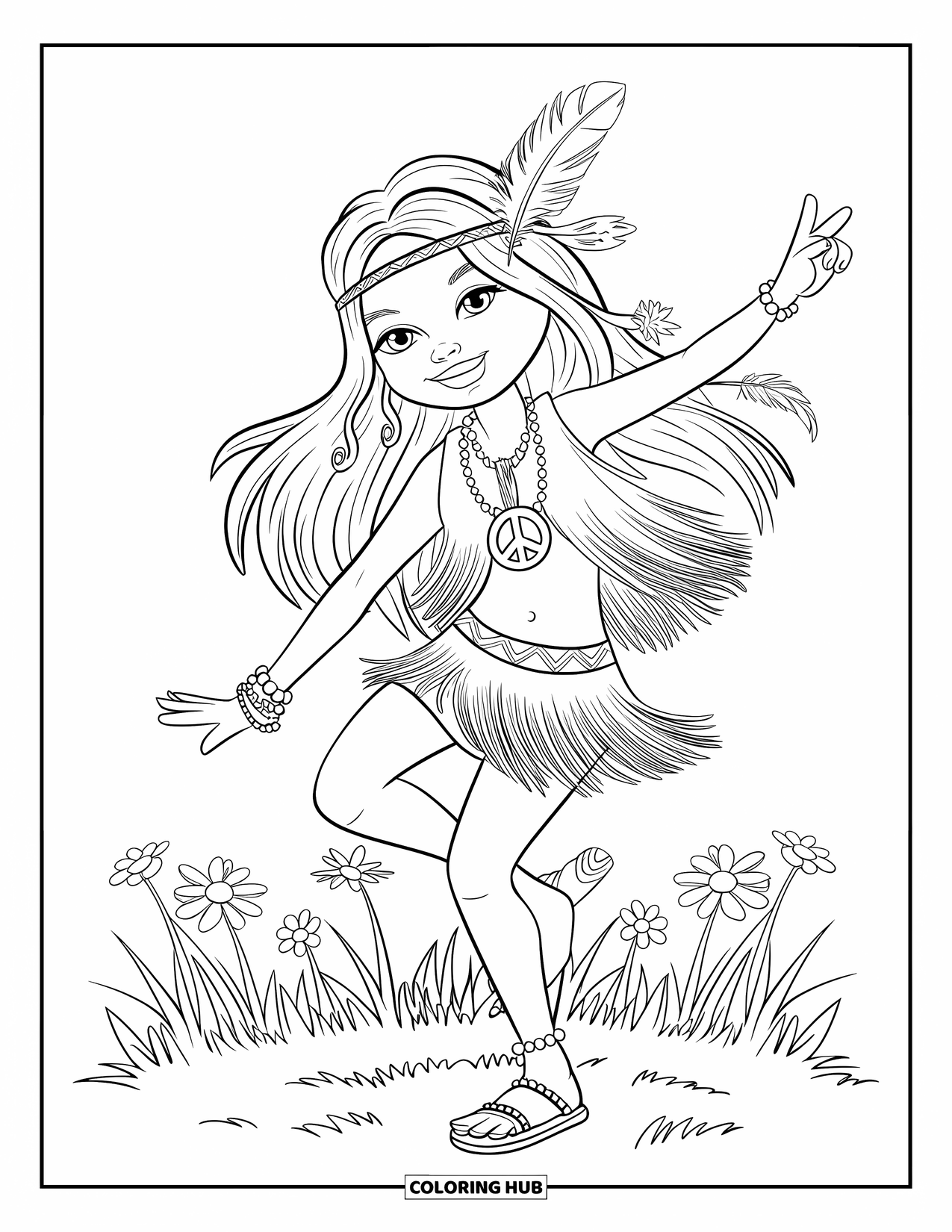 Desenho Hippie para Colorir para Crianças: Uma garota de espírito livre com uma faixa de penas dança em um campo gramado