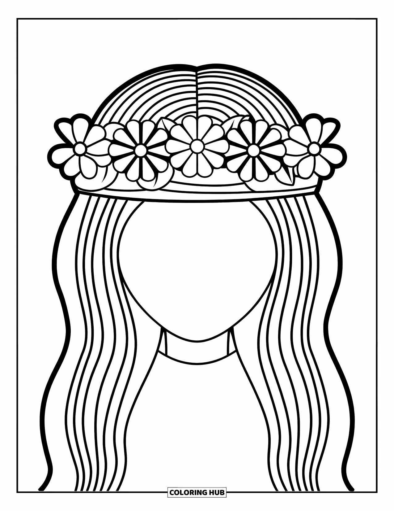 Desenho Hippie para Colorir para Crianças: Uma coroa de flores divertida com cinco flores ousadas e uma faixa curvilínea
