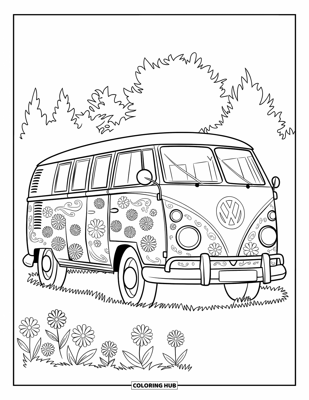 Desenho Hippie para Colorir para Crianças: Uma van VW estilosa coberta de flores e símbolos da paz repousa em um pedaço de grama