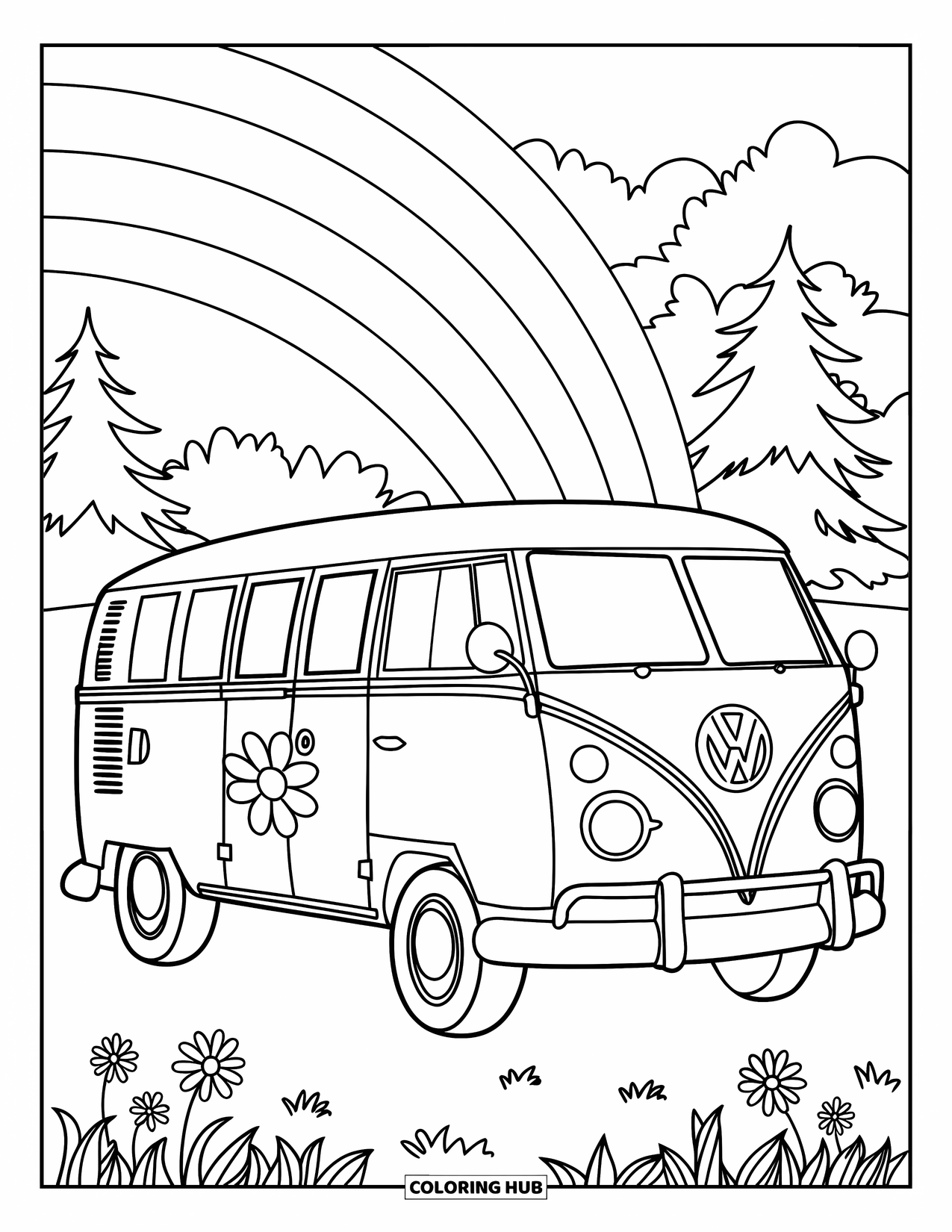 Desenho Hippie para Colorir para Crianças: Uma van feliz com um design de flores estaciona em um campo com um arco-íris ousado acima