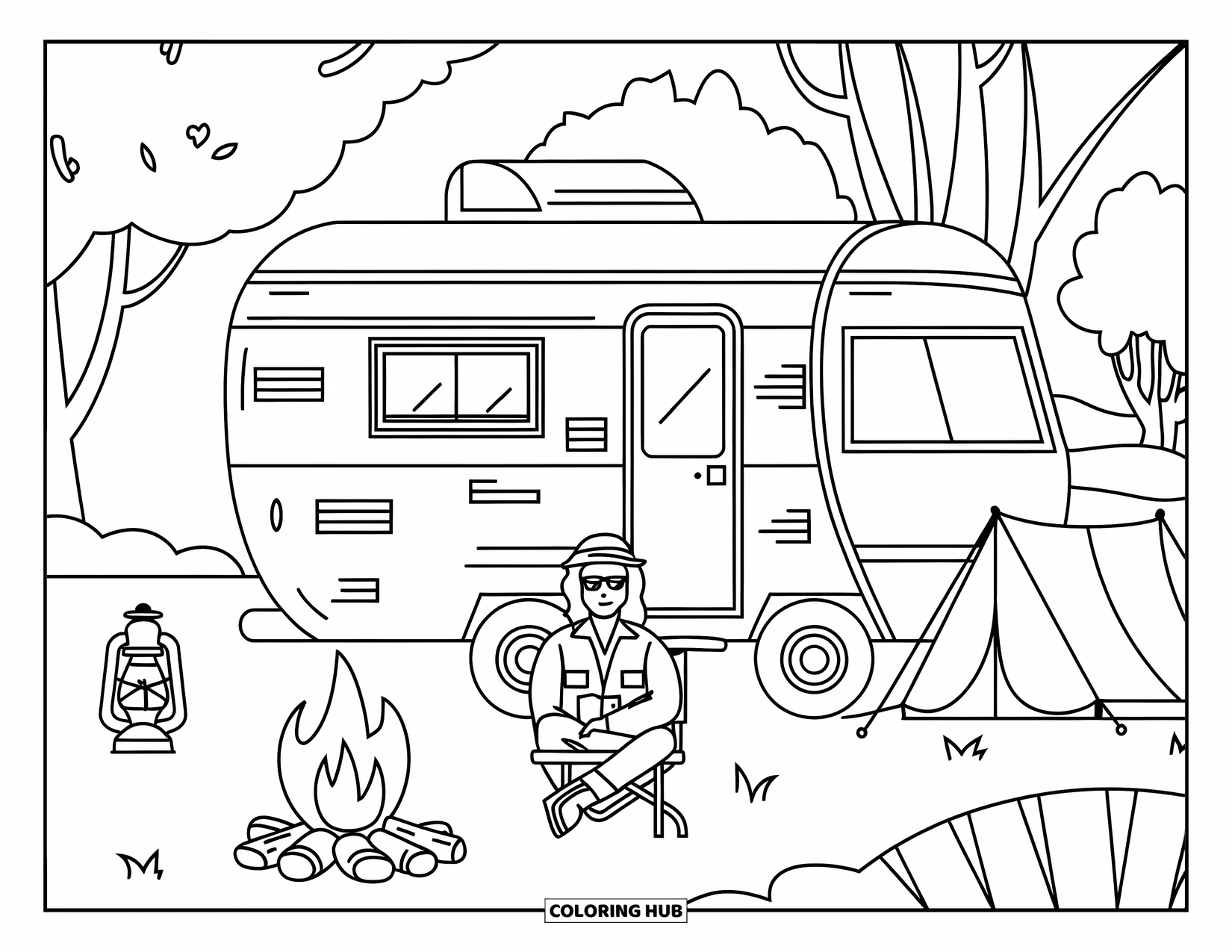 Desenho Hippie para Colorir para Crianças: Uma barraca hippie está estacionada perto de árvores com uma tenda e fogueira nas proximidades