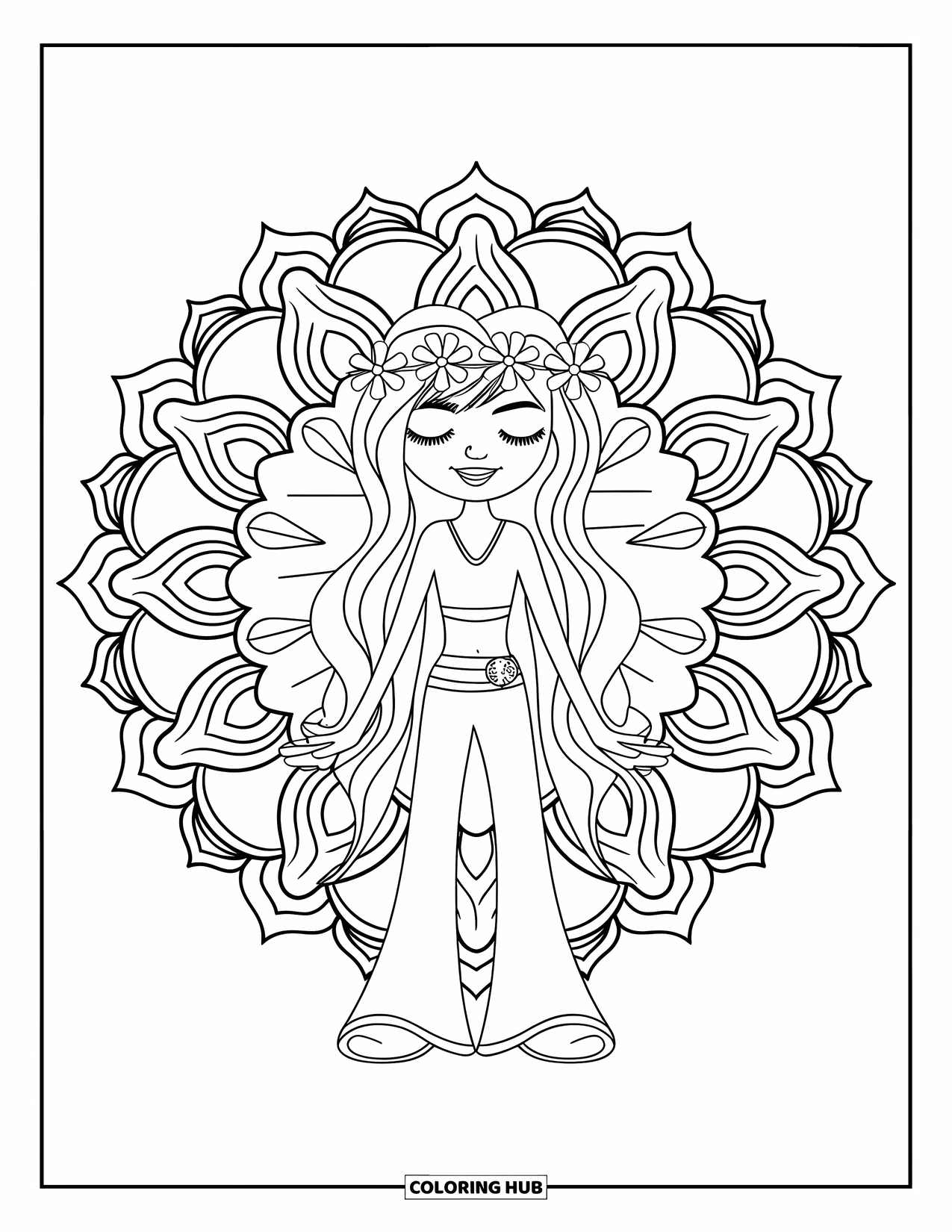 Desenho Hippie para Colorir para Crianças: Uma garota hippie com calças boca de sino e uma coroa de flores sorri em frente a uma mandala