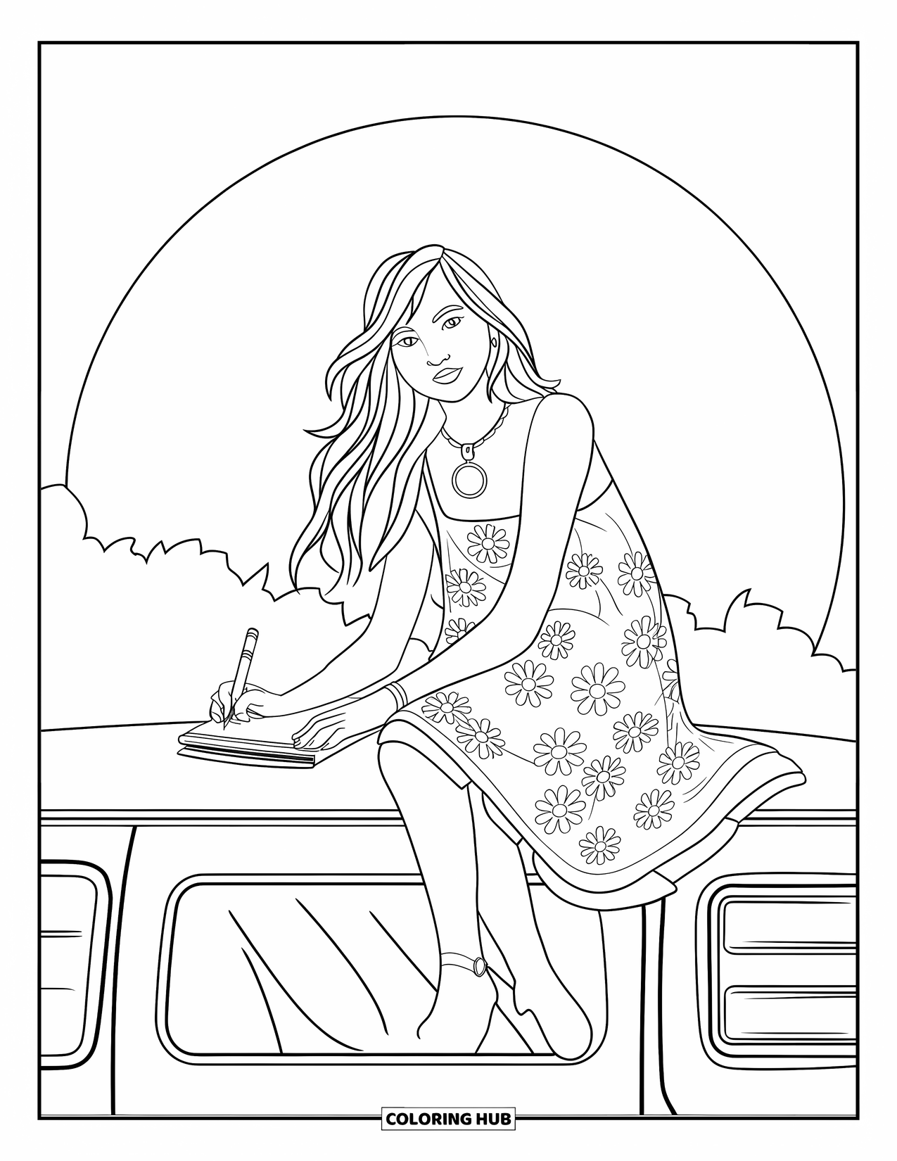 Desenho Hippie para Colorir para Crianças: Uma garota hippie faz esboços em seu diário enquanto relaxa em uma van VW ao pôr do sol