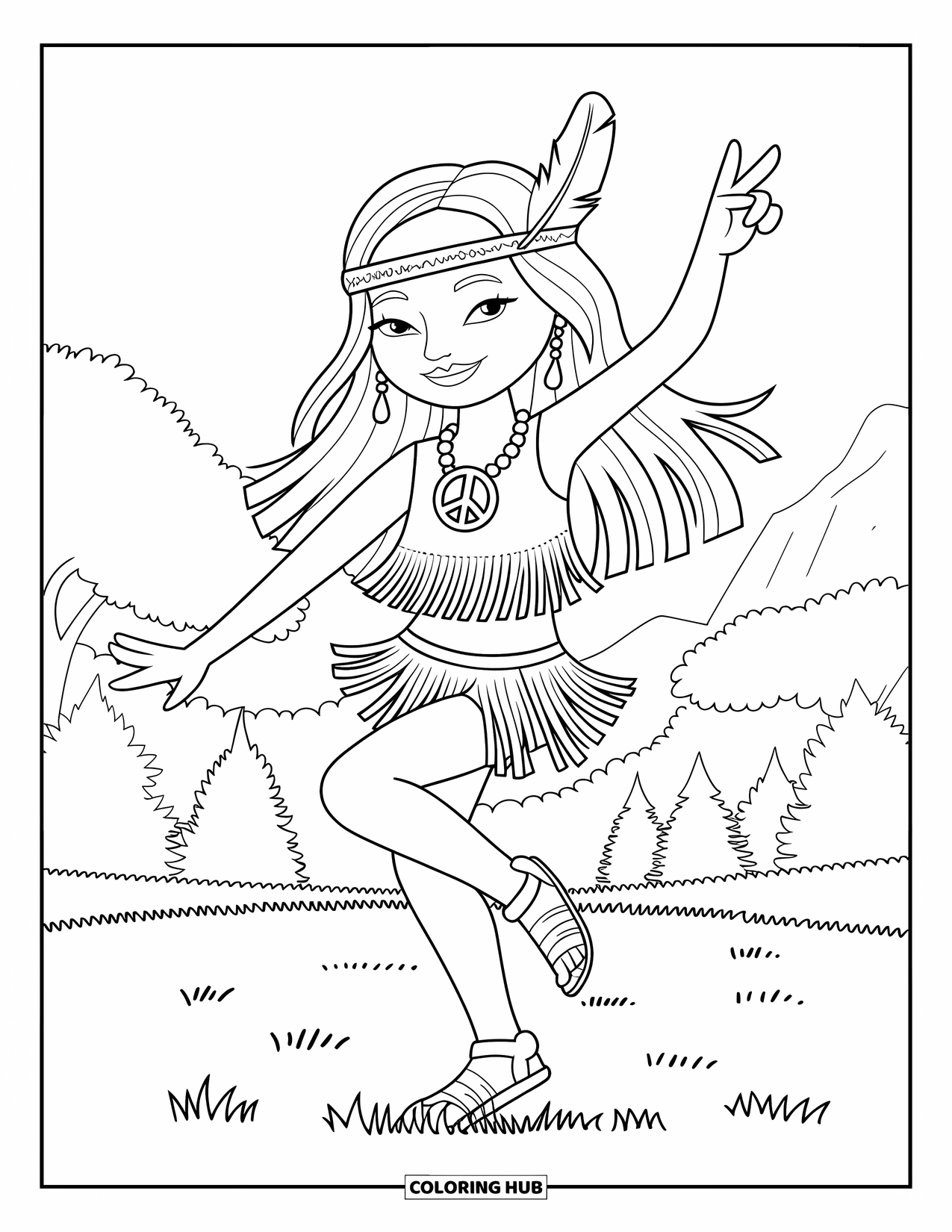 Desenho Hippie para Colorir para Crianças: Uma garota hippie gira em um campo usando franjas e um colar da paz