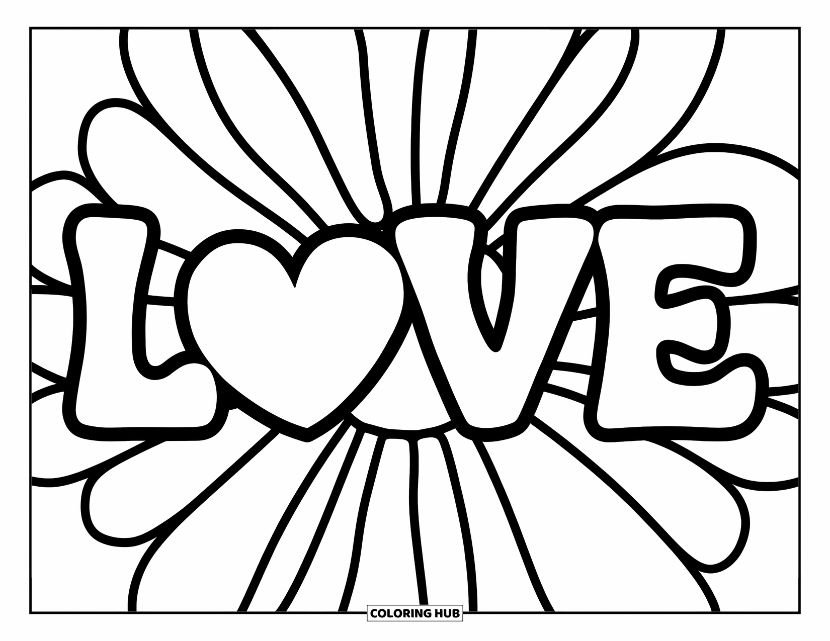 Desenho Hippie para Colorir para Crianças: Uma flor grande embala a palavra “LOVE” (AMOR) com um coração no meio