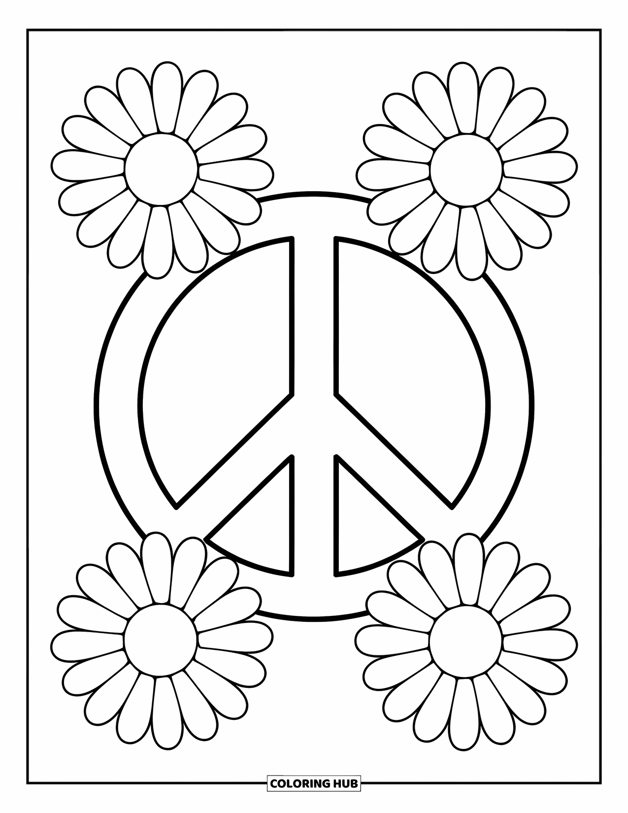 Desenho Hippie para Colorir para Crianças: Um símbolo da paz é cercado por cinco margaridas grandes em um design divertido e feliz
