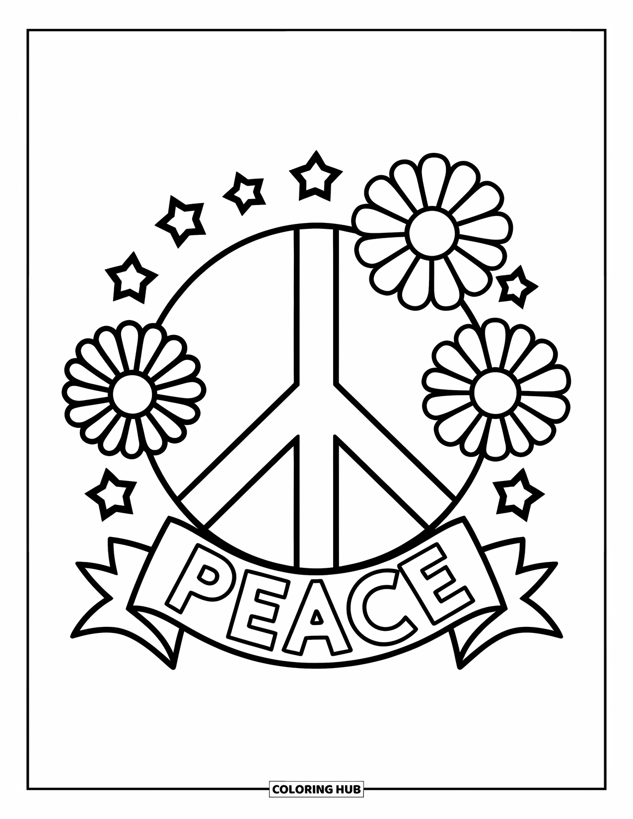 Desenho Hippie para Colorir para Crianças: Um símbolo da paz com margaridas e estrelas fica acima de uma faixa de “Peace” (Paz) em um layout alegre
