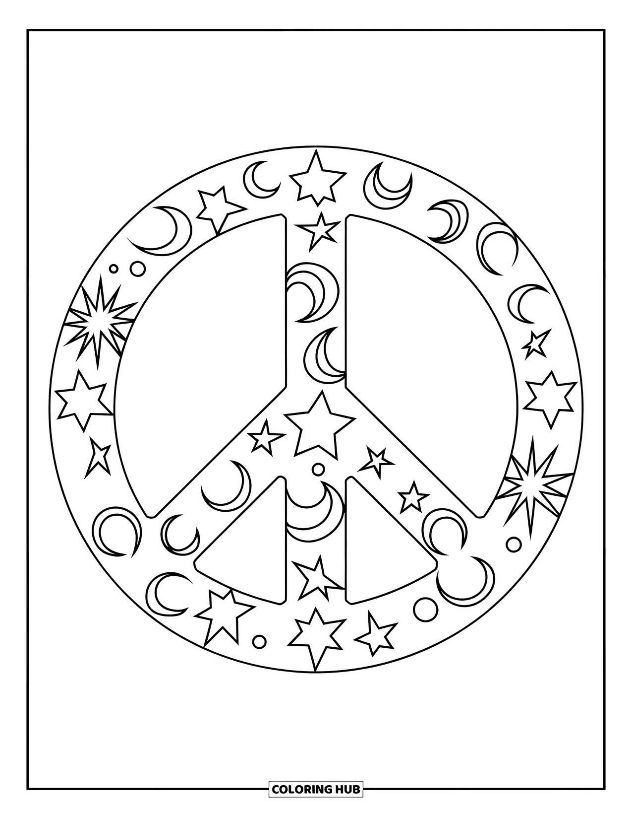 Desenho Hippie para Colorir para Crianças: Um símbolo da paz cheio de estrelas e redemoinhos se destaca ousado e brilhante