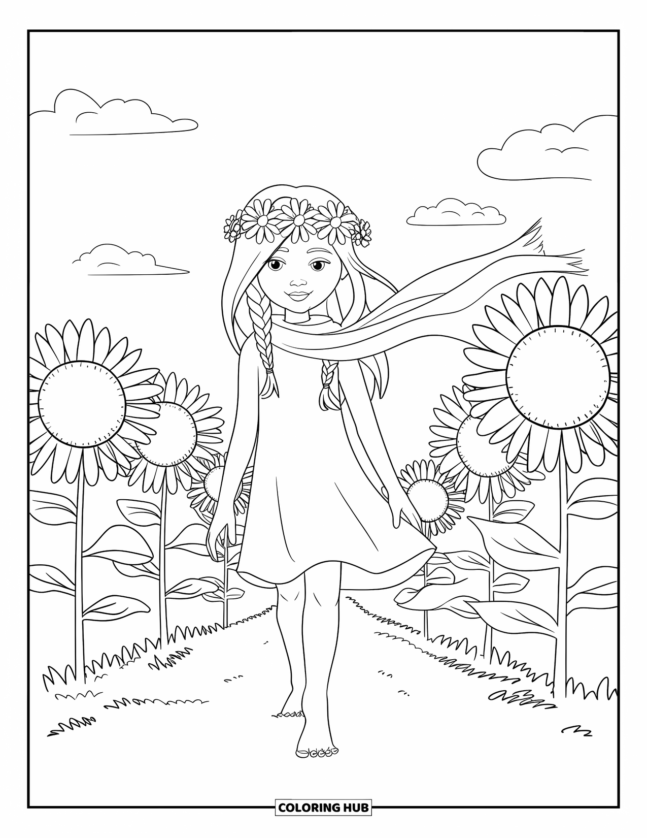 Desenho Hippie para Colorir para Crianças: Uma garota pacífica com um lenço e coroa de flores caminha por girassóis dourados