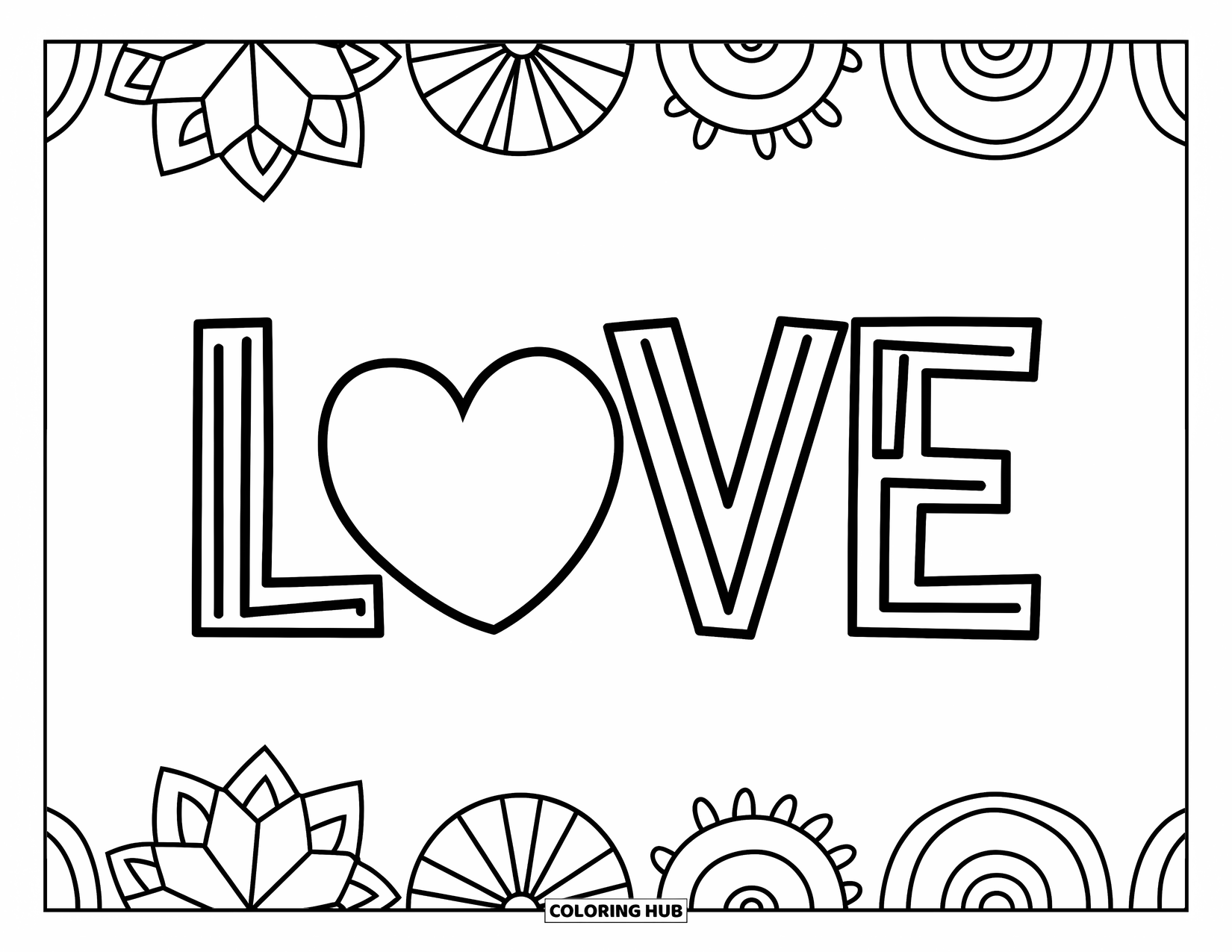Desenho Hippie para Colorir para Crianças: Um design “LOVE” (AMOR) divertido apresenta um coração e formas simples e alegres