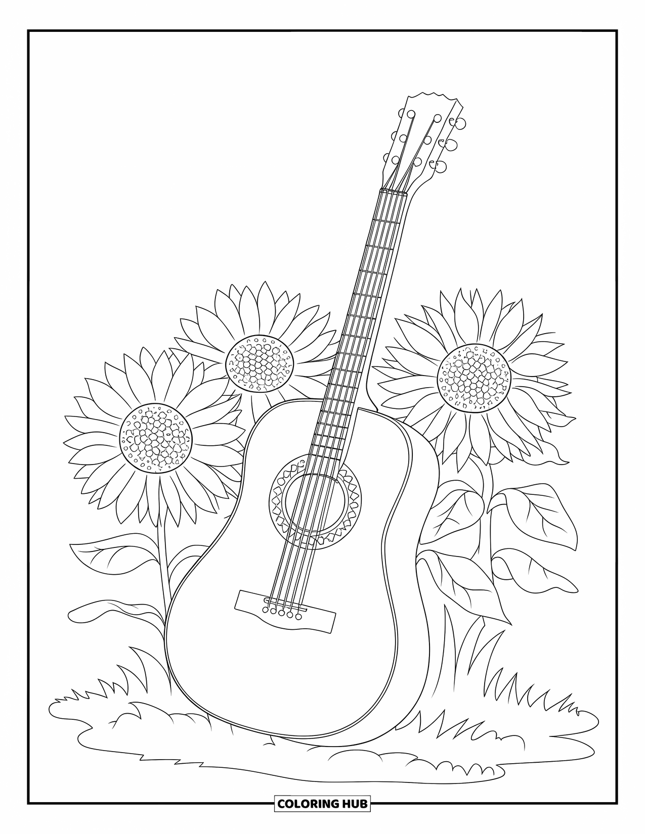 Desenho Hippie para Colorir para Crianças: Um violão rústico com padrões se apoia em girassóis com algumas folhas no chão