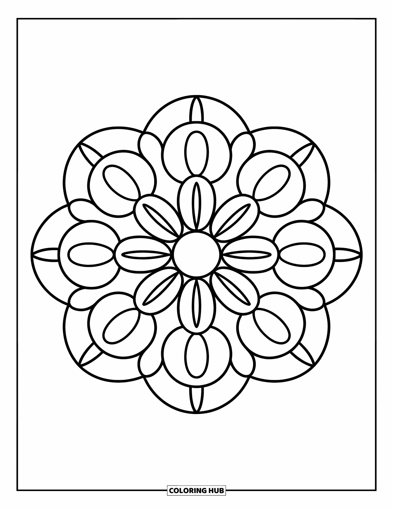 Desenho Hippie para Colorir para Crianças: Uma mandala simples com formas redondas e pétalas que é divertida e fácil de colorir