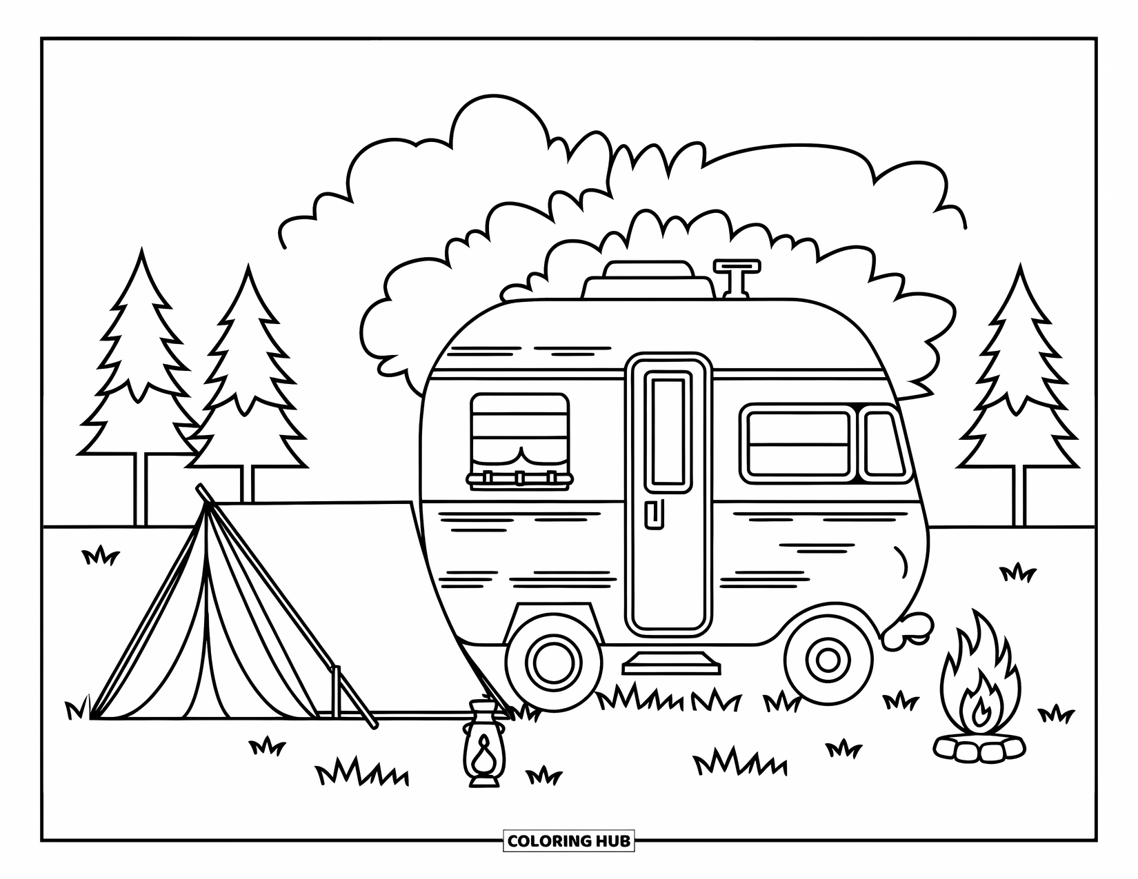 Desenho Hippie para Colorir para Crianças: Um pequeno acampamento com uma barraca, tenda e fogueira fica pacificamente na natureza