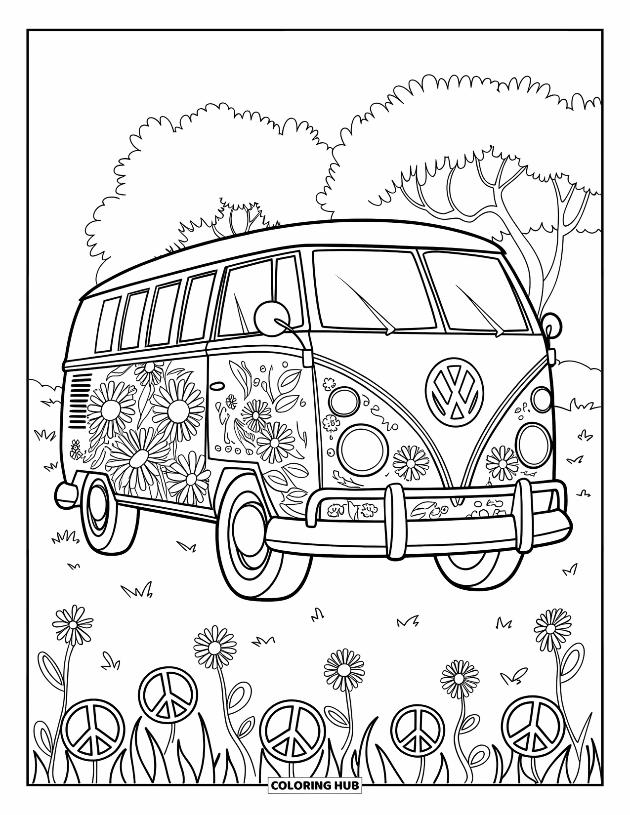 Desenho Hippie para Colorir para Crianças: Uma van VW estilizada com desenhos florais está estacionada em um caminho gramado e tranquilo