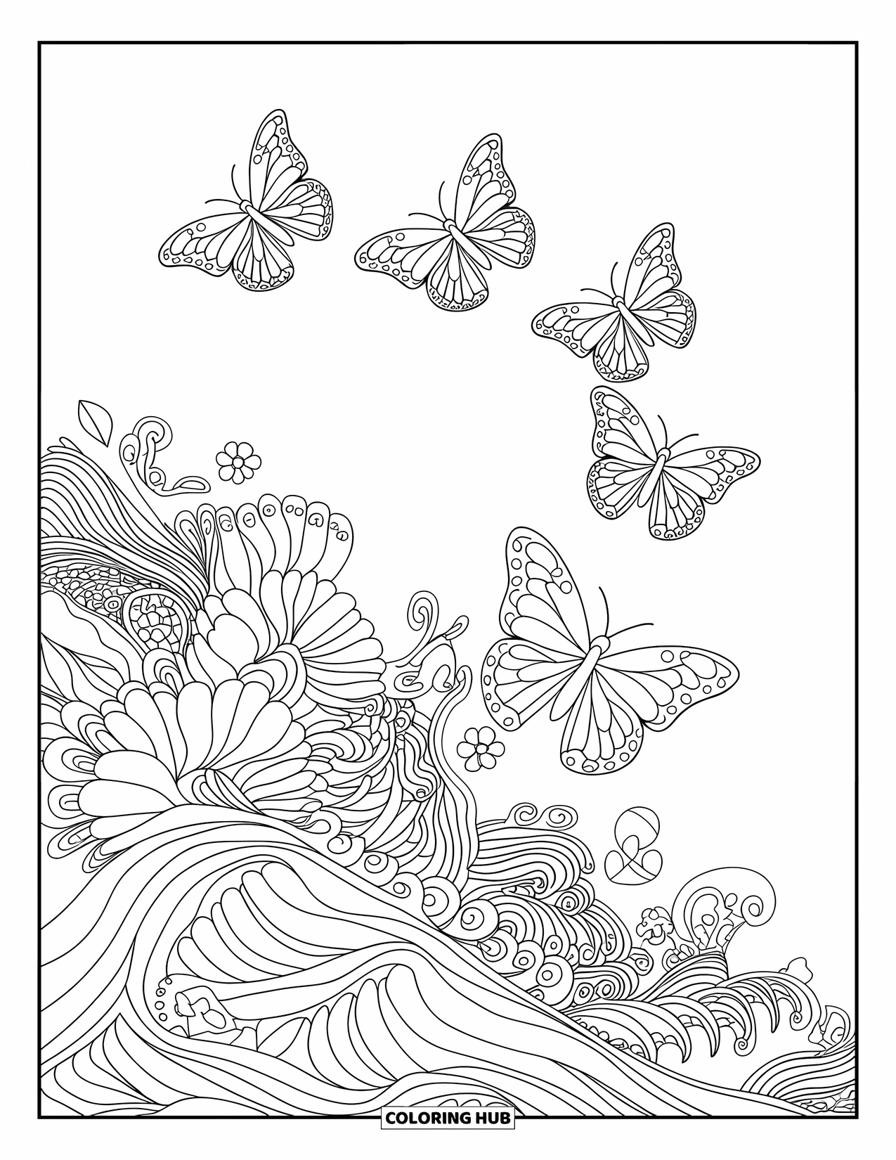 Desenho Hippie para Colorir para Crianças: Borboletas esvoaçam através de um turbilhão de padrões estilosos e formas psicodélicas