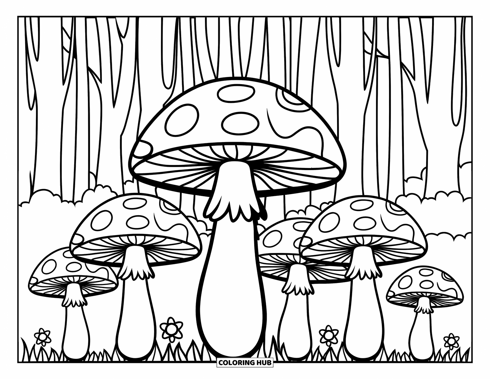 Desenho Hippie para Colorir para Crianças: Cogumelos coloridos com designs ousados ficam em uma clareira florestal tranquila