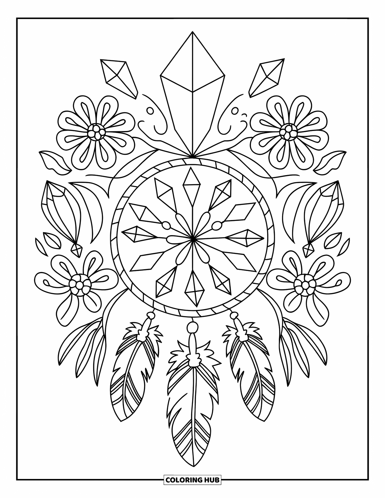 Desenho Hippie para Colorir para Crianças: Cristais, penas e flores formam um padrão boho circular e sonhador