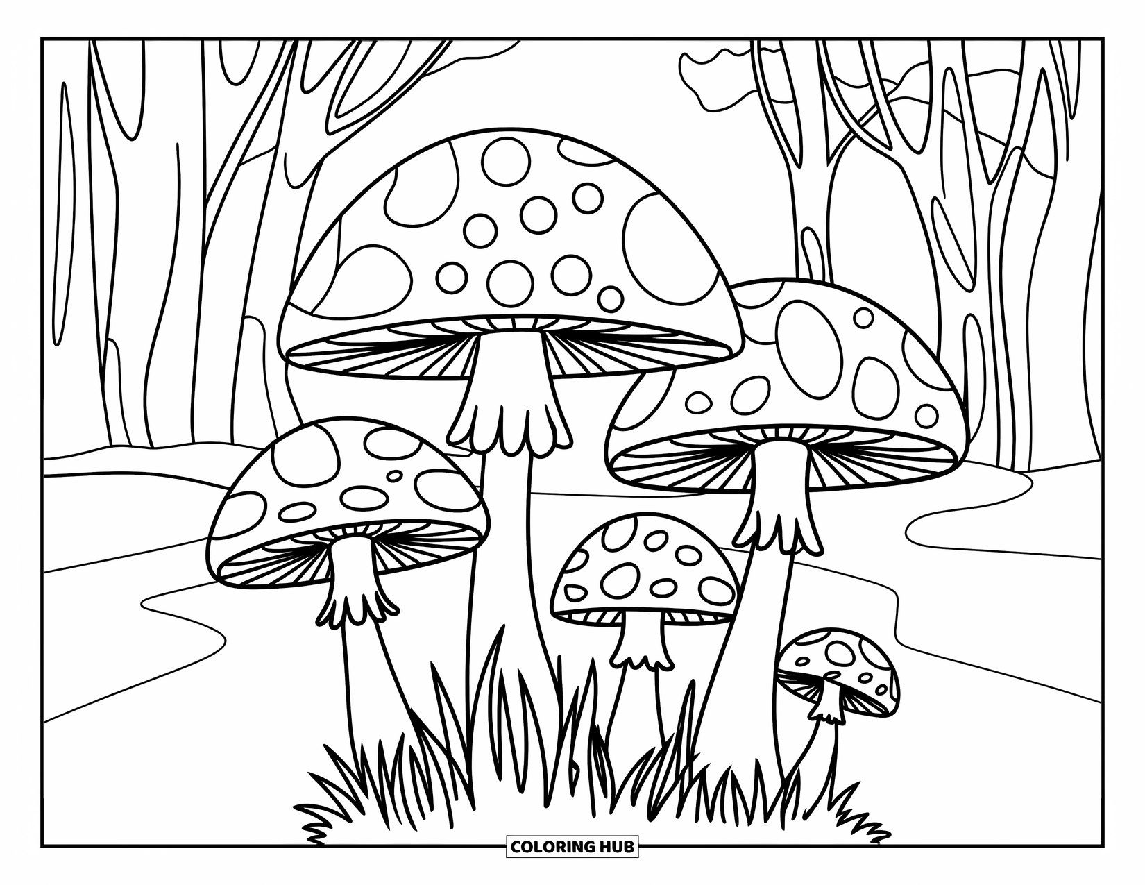 Desenho Hippie para Colorir para Crianças: Cinco cogumelos psicodélicos com padrões selvagens crescem ao longo de um caminho florestal tranquilo