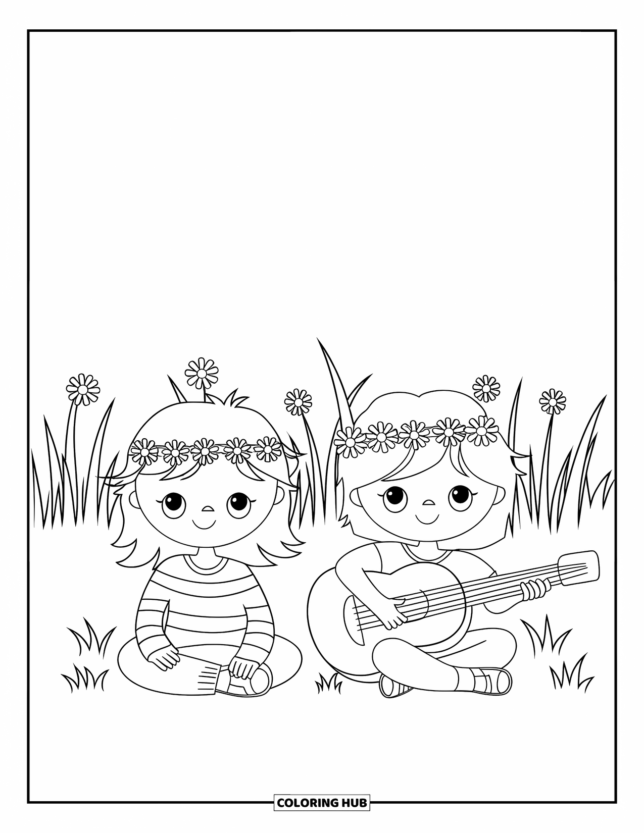 Desenho Hippie para Colorir para Crianças: Crianças com coroas de flores relaxam em um campo gramado enquanto tocam violão