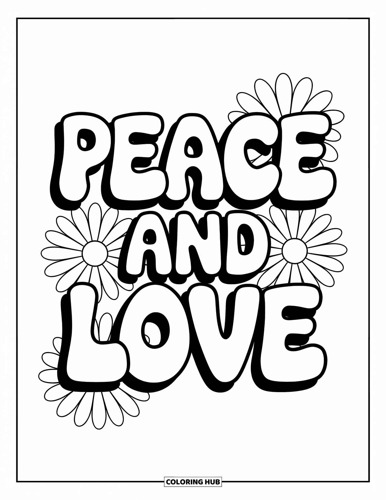Desenho Hippie para Colorir para Crianças: “Peace and Love” (Paz e Amor) se destaca em letras ousadas cercadas por margaridas alegres