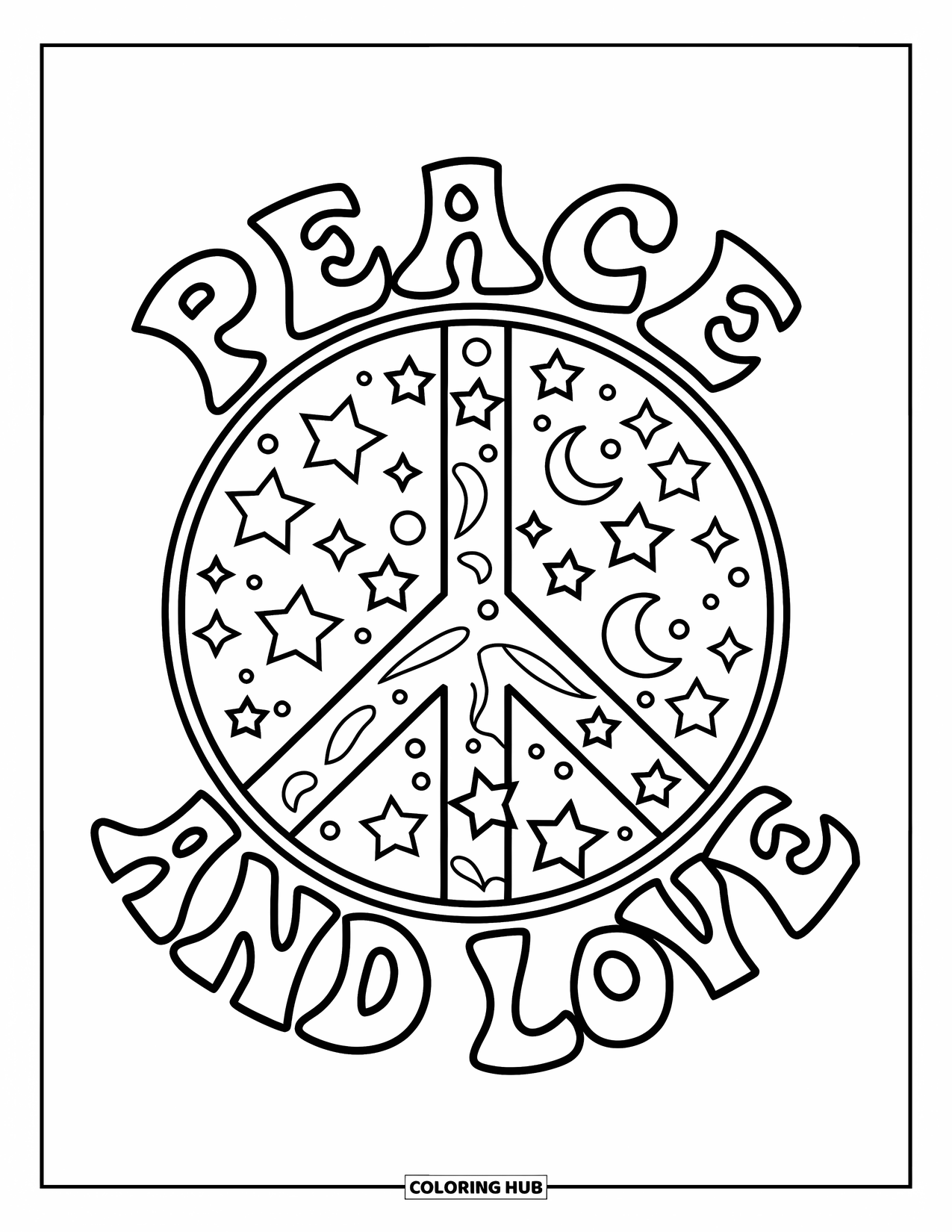 Desenho Hippie para Colorir para Crianças: “Peace and Love” (Paz e Amor) envolve um símbolo da paz mágico cheio de estrelas