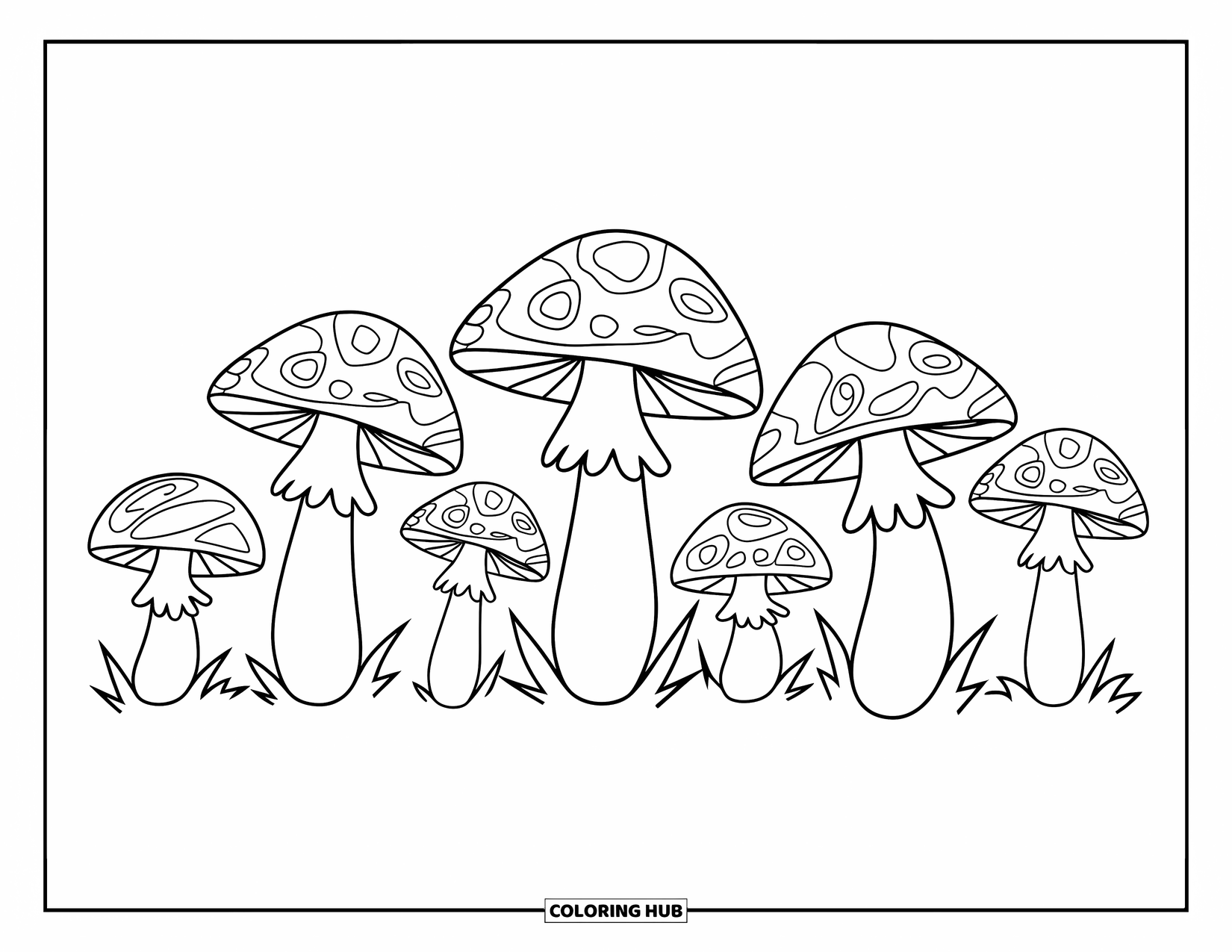 Desenho Hippie para Colorir para Crianças: Cogumelos psicodélicos se alinham na floresta com flores espalhadas perto deles