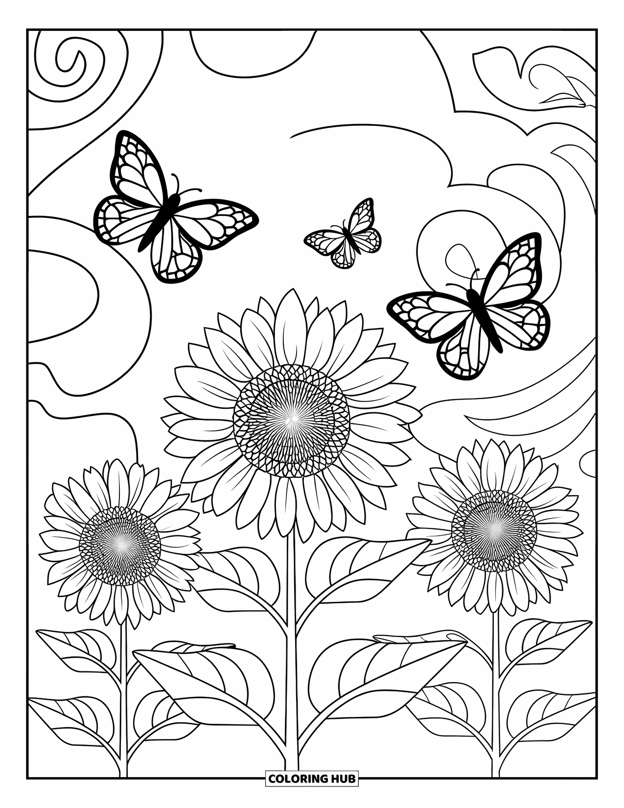 Desenho Hippie para Colorir para Crianças: Girassóis e borboletas dançam através de formas rodopiantes e divertidas