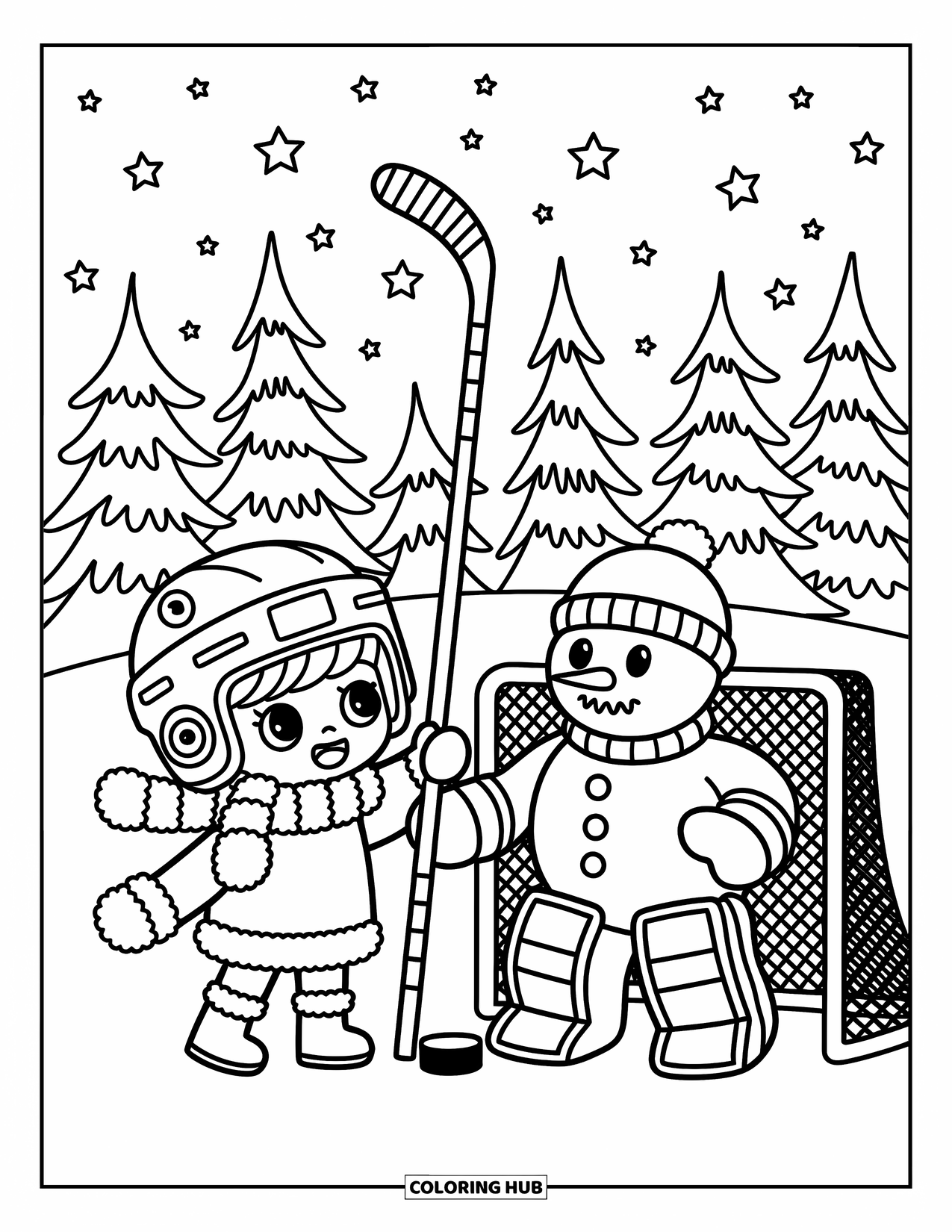 Hockey Coloring Page for Adults: A bundled-up chibi child holds a tall stick near a smiling snowman goalie in a snowy scene