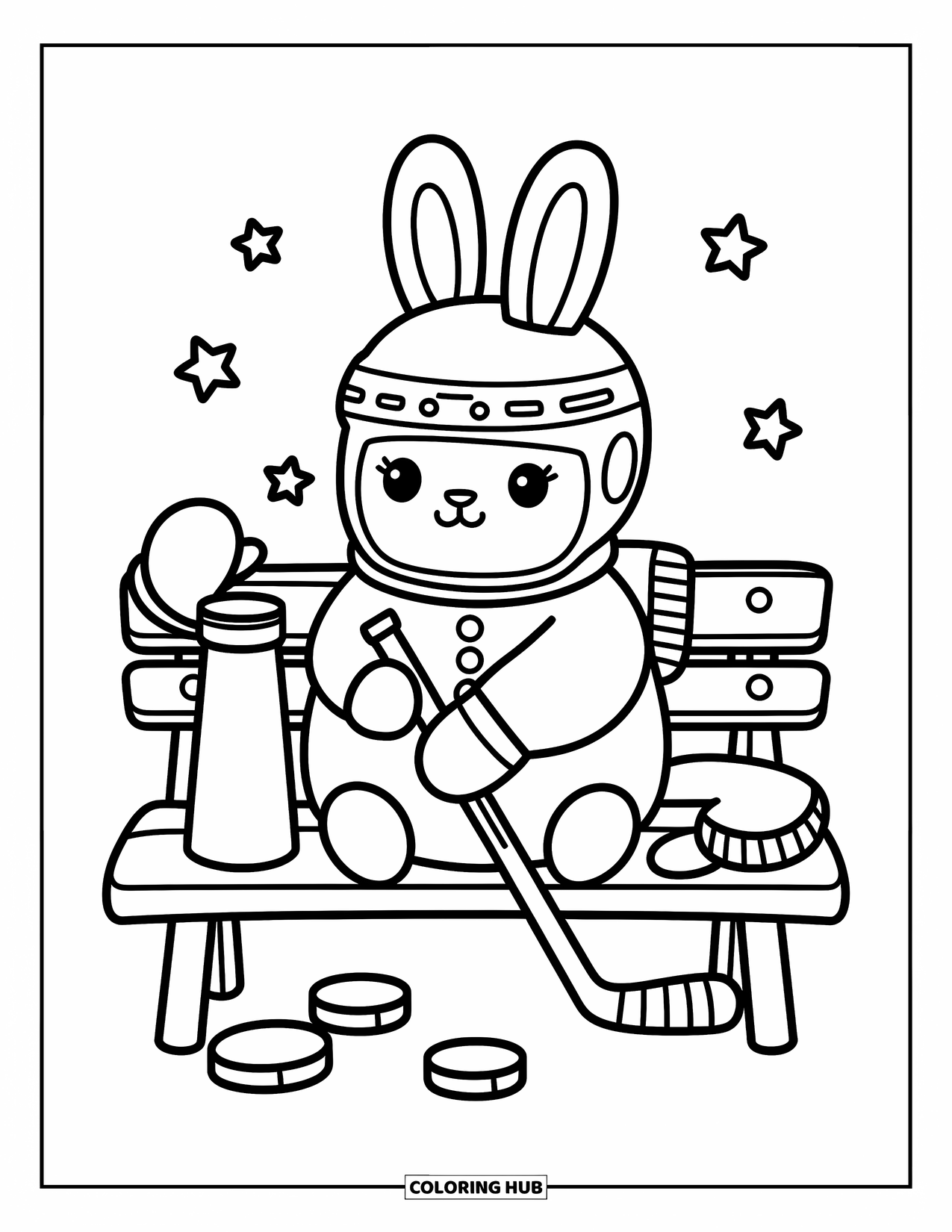Hockey Coloring Page for Adults: A bunny in a hockey helmet sits on a bench with tiny pucks and playful stars nearby