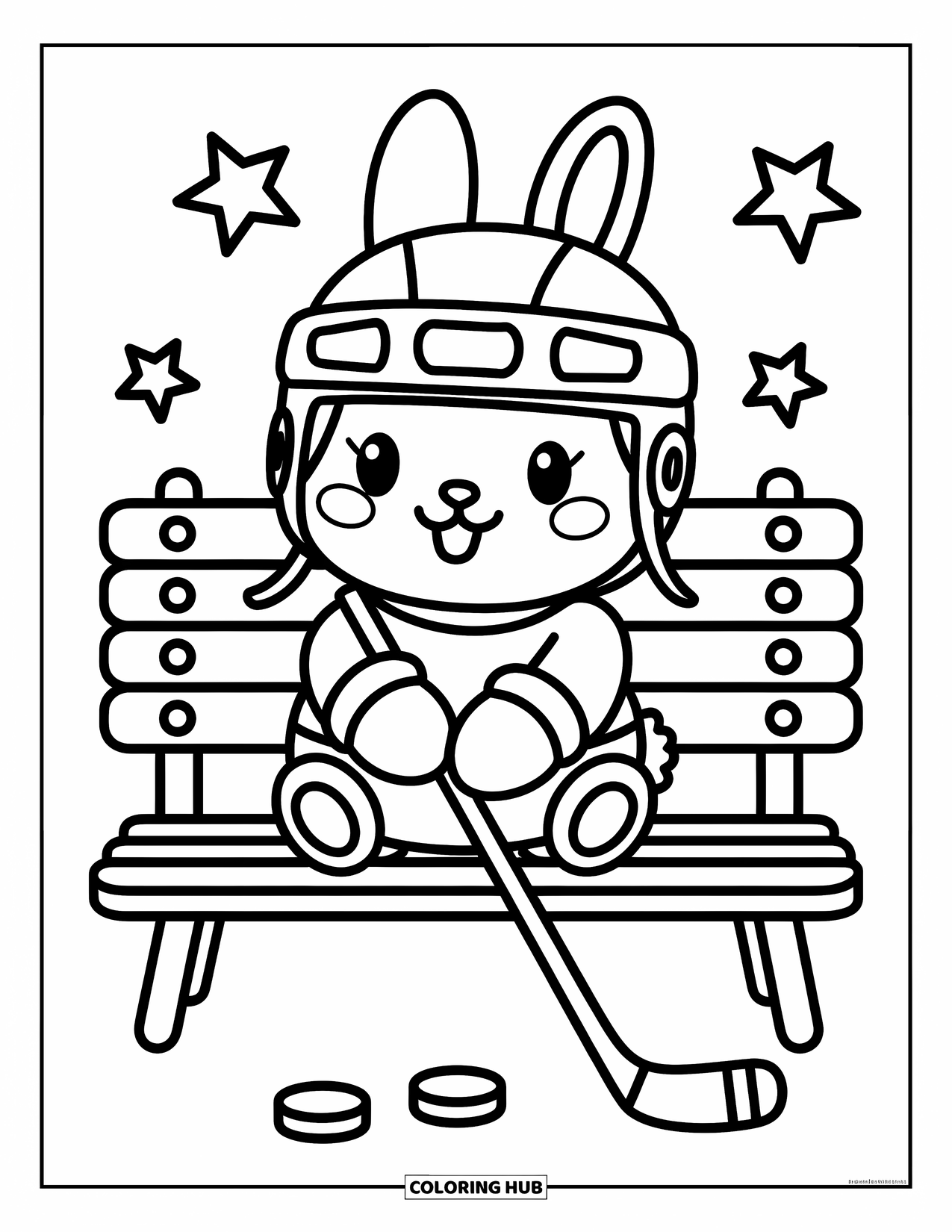 Hockey Coloring Page for Adults: A bunny with a big helmet and mittens sits on a bench as tiny pucks roll off